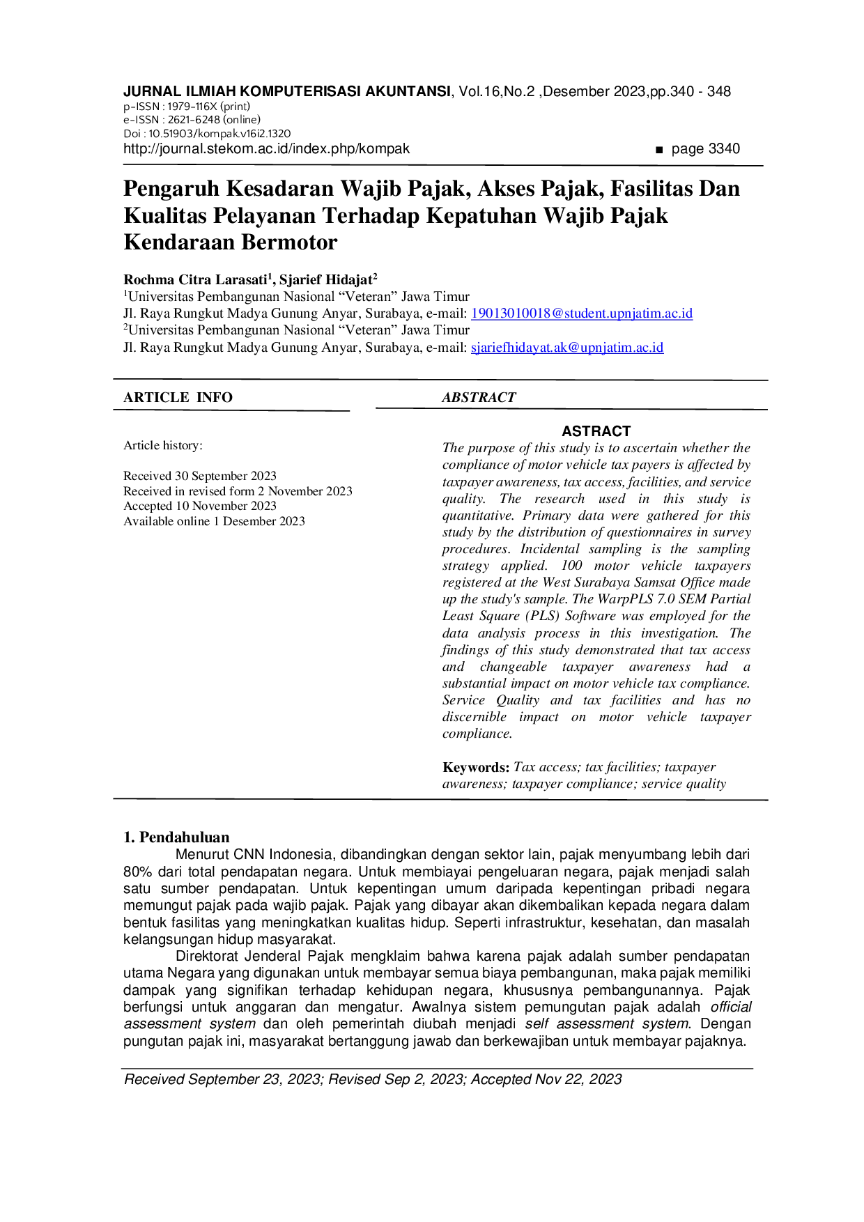 JURIS Pengaruh Kesadaran Wajib Pajak Akses Pajak Fasilitas Dan Kualitas Pelayanan Terhadap Kepatuhan Wajib Pajak Kendaraan Bermotor Indonesia