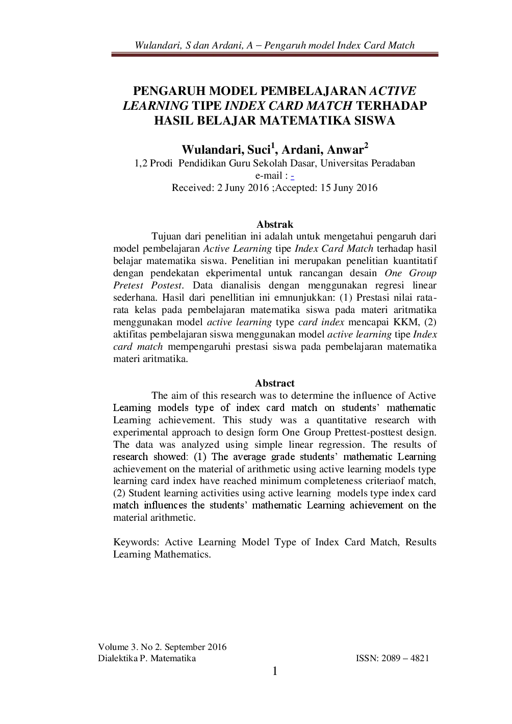 juris PENGARUH MODEL PEMBELAJARAN ACTIVE LEARNING TIPE INDEX CARD MATCH TERHADAP HASIL BELAJAR MATEMATIKA SISWA Array
