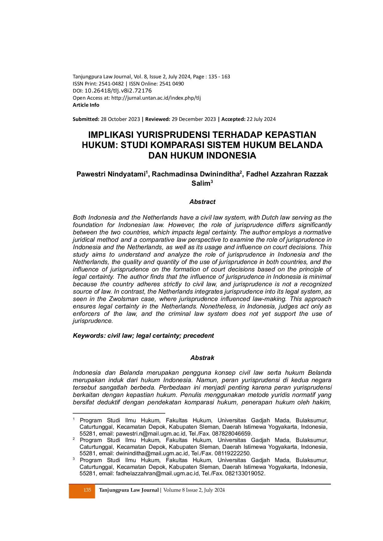 JURIS Implikasi Yurisprudensi Terhadap Kepastian Hukum Studi Komparasi Sistem Hukum Belanda dan Hukum Indonesia