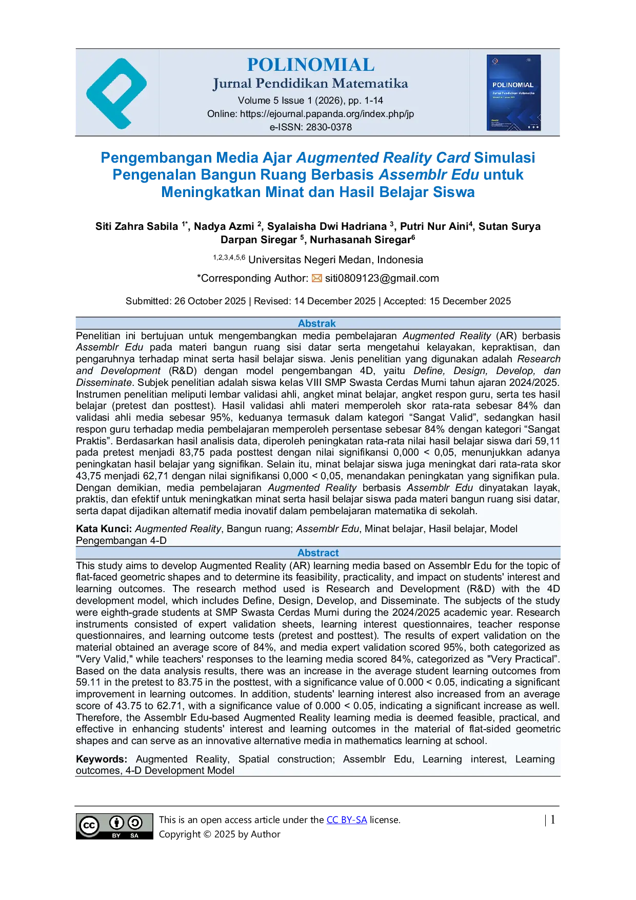 JURIS Pengembangan Media Ajar Augmented Reality Card Simulasi Pengenalan Bangun Ruang Berbasis Assemblr Edu untuk Meningkatkan Minat dan Hasil Belajar Siswa