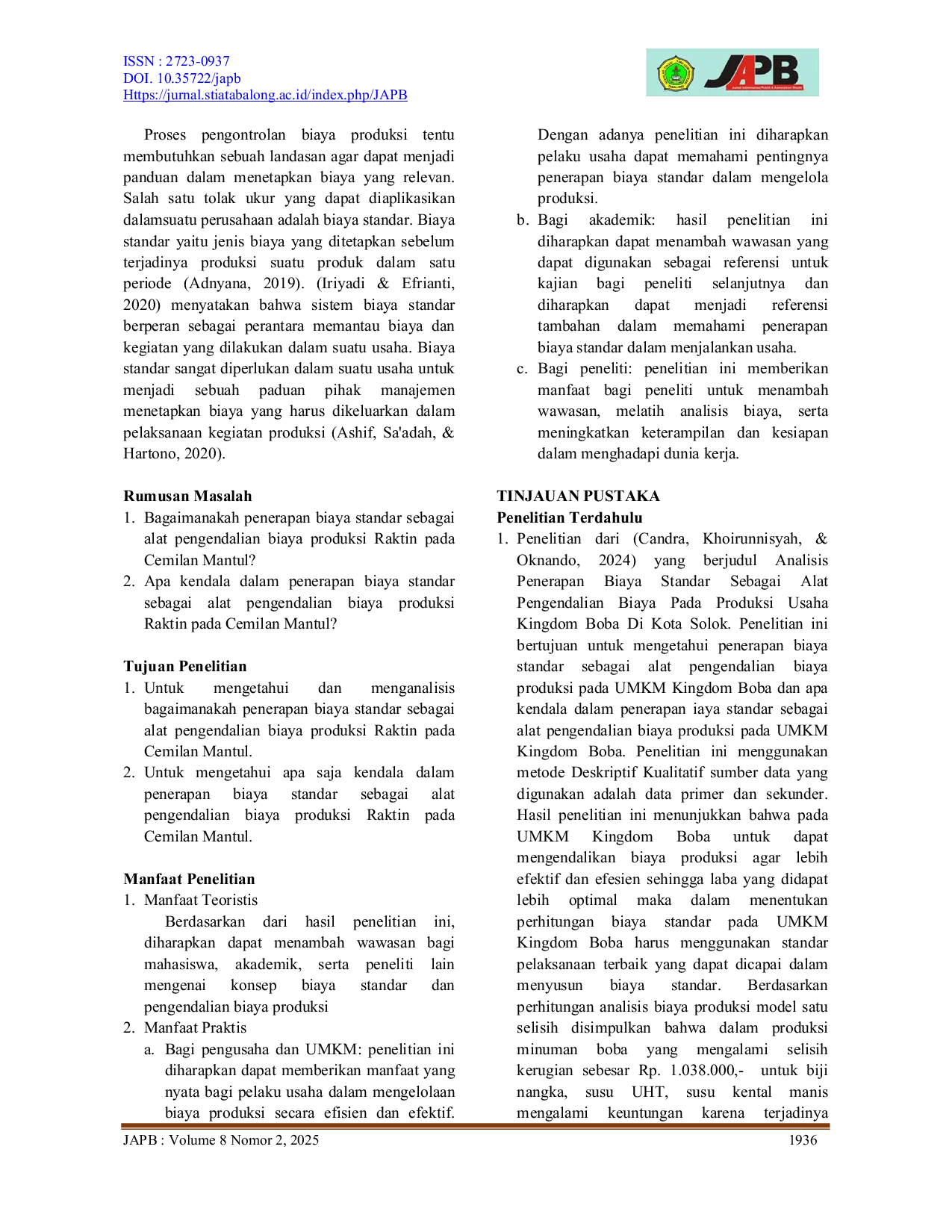 JURIS Analisis Penerapan Biaya Standar Sebagai Alat Pengendalian Biaya Produksi Raktin Studi Kasus Cemilan Mantul Kabupaten Tabalong