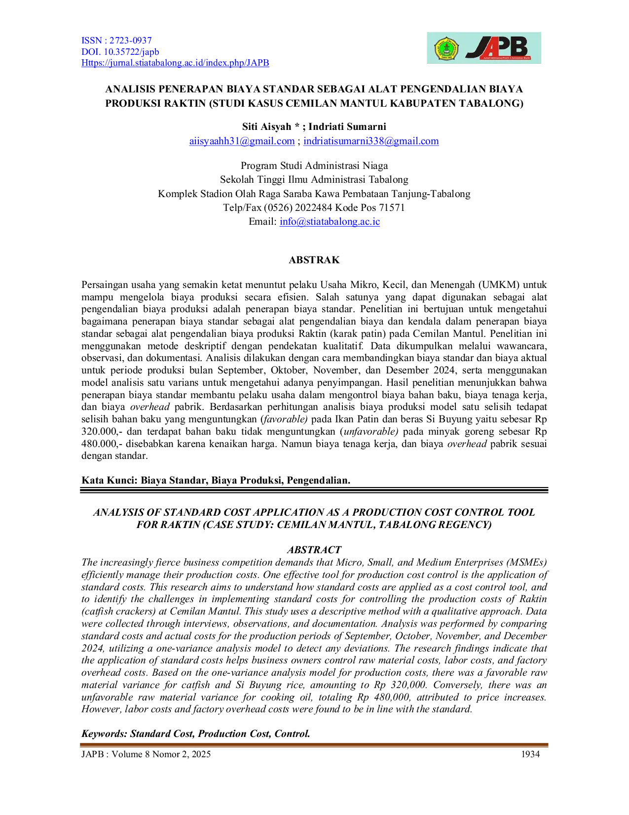 JURIS Analisis Penerapan Biaya Standar Sebagai Alat Pengendalian Biaya Produksi Raktin Studi Kasus Cemilan Mantul Kabupaten Tabalong