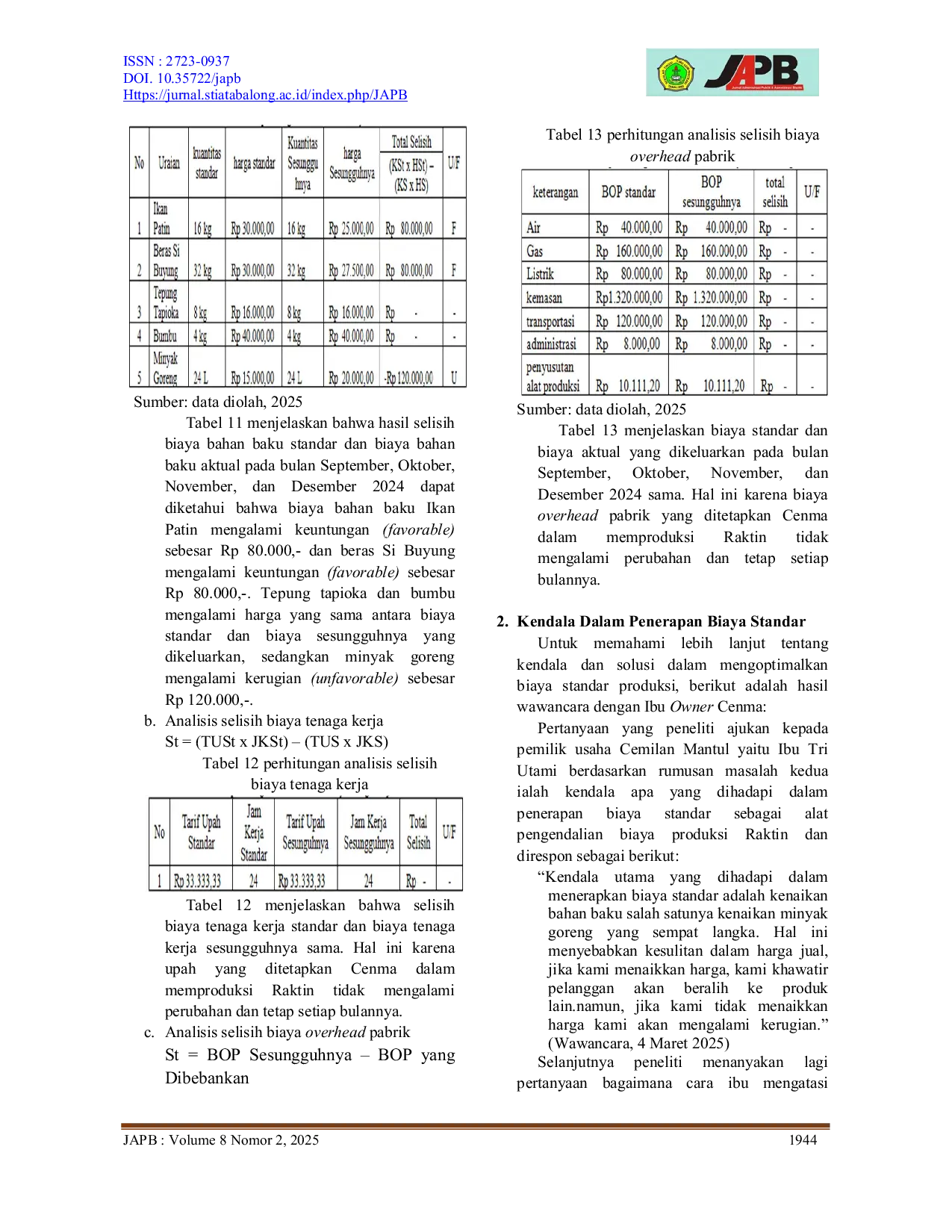 JURIS Analisis Penerapan Biaya Standar Sebagai Alat Pengendalian Biaya Produksi Raktin Studi Kasus Cemilan Mantul Kabupaten Tabalong