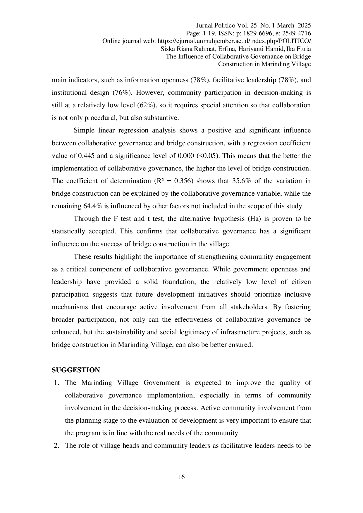 JURIS The Influence of Collaborative Governance on Bridge Construction in Marinding Village