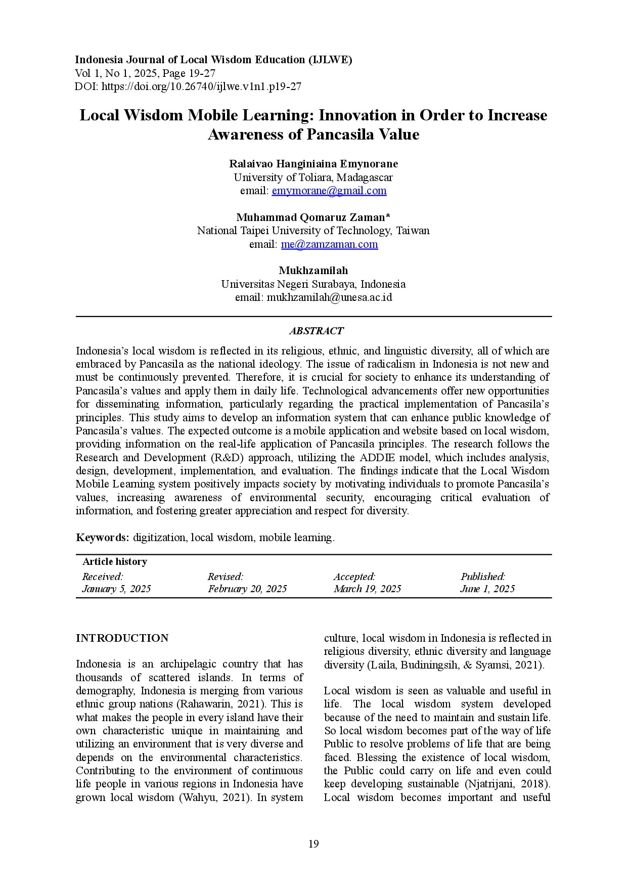 juris Local Wisdom Mobile Learning Innovation in Order to Increase Awareness of Pancasila Value