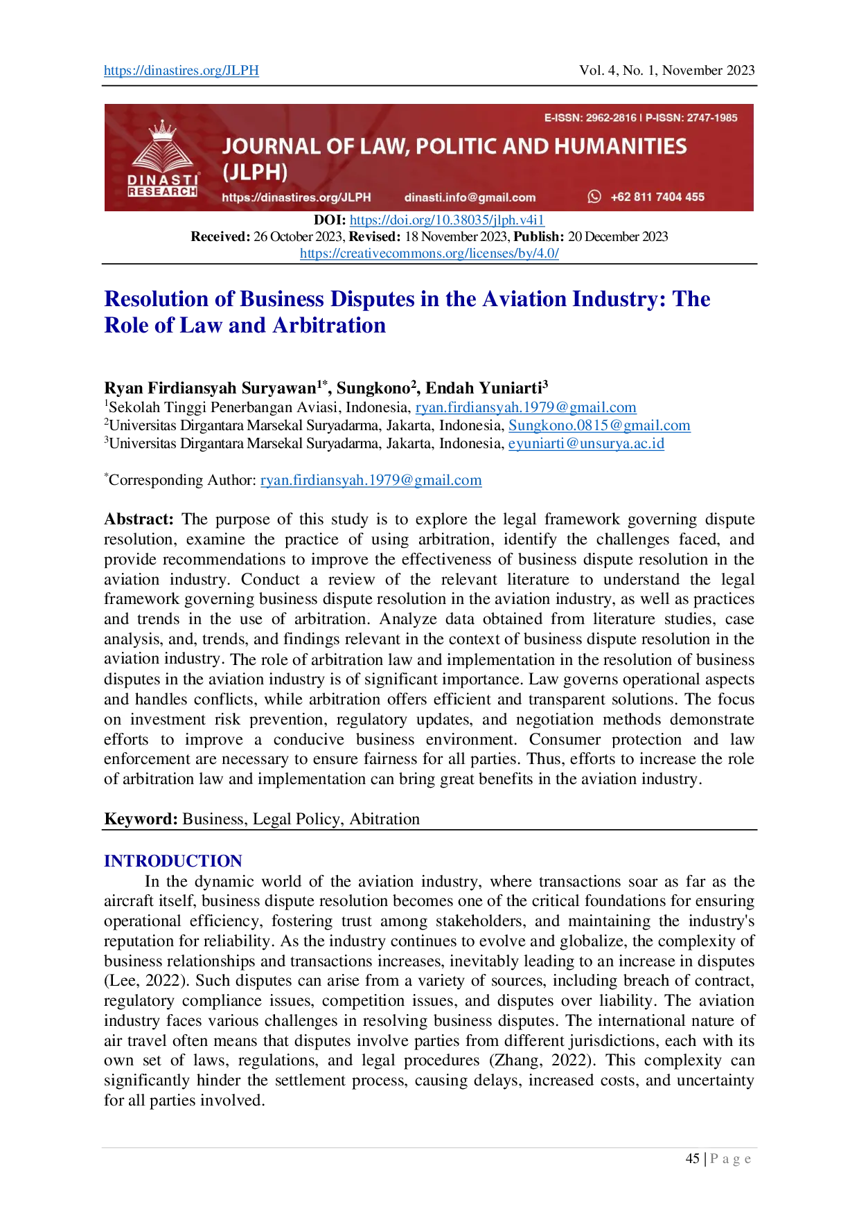 juris Resolution of Business Disputes in the Aviation Industry The Role of Law and Arbitration