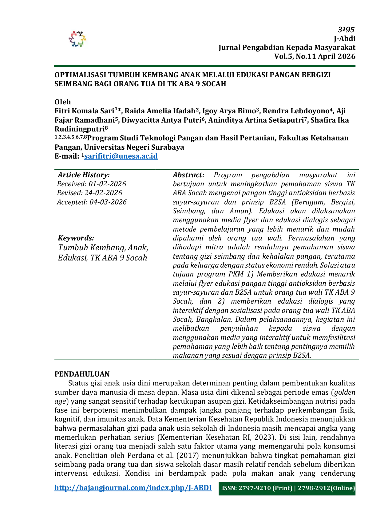 JURIS Optimalisasi Tumbuh Kembang Anak Melalui Edukasi Pangan Bergizi Seimbang Bagi Orang Tua Di Tk Aba 9 Socah