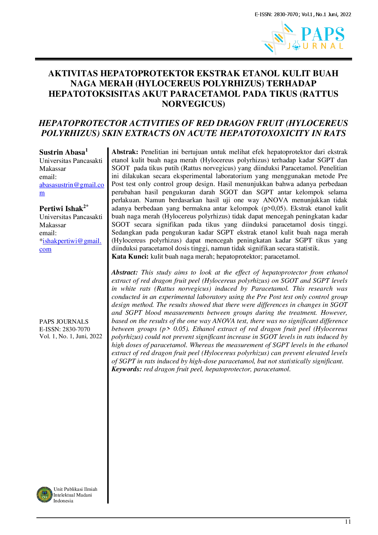 juris Aktivitas Hepatoprotektor Ekstrak Etanol Kulit Buah Naga Merah Hylocereus Polyrhizus Terhadap Hepatotoksisitas Akut Parasetamol Pada Tikus Rattus Norvegicus