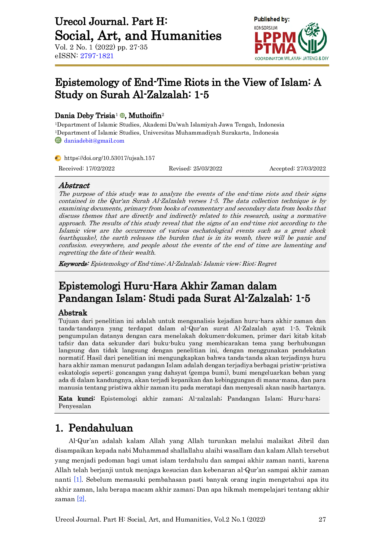 JURIS Epistemology of End Time Riots in the View of Islam A Study on Surah Al Zalzalah 1 5