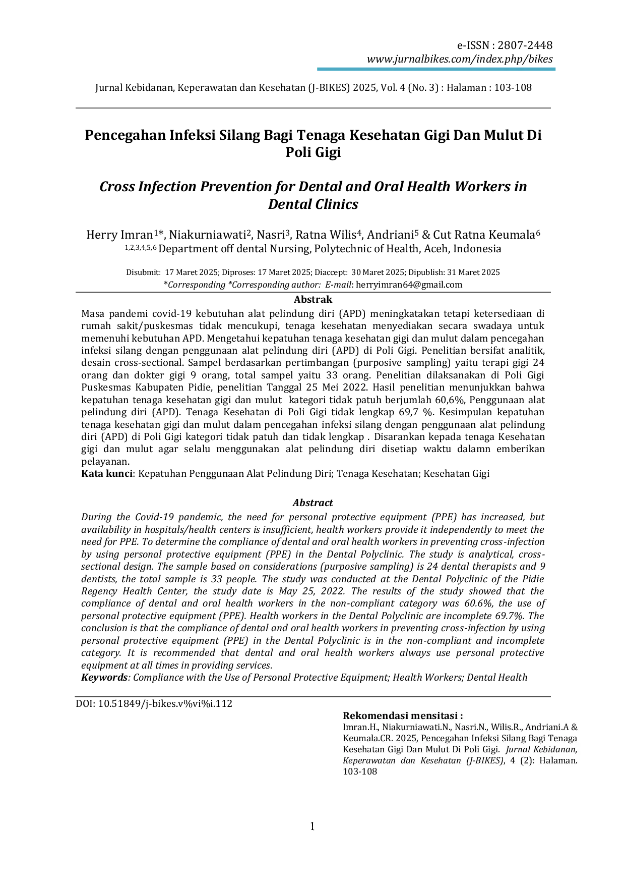 JURIS Pencegahan Infeksi Silang Bagi Tenaga Kesehatan Gigi Dan Mulut Di Poli Gigi