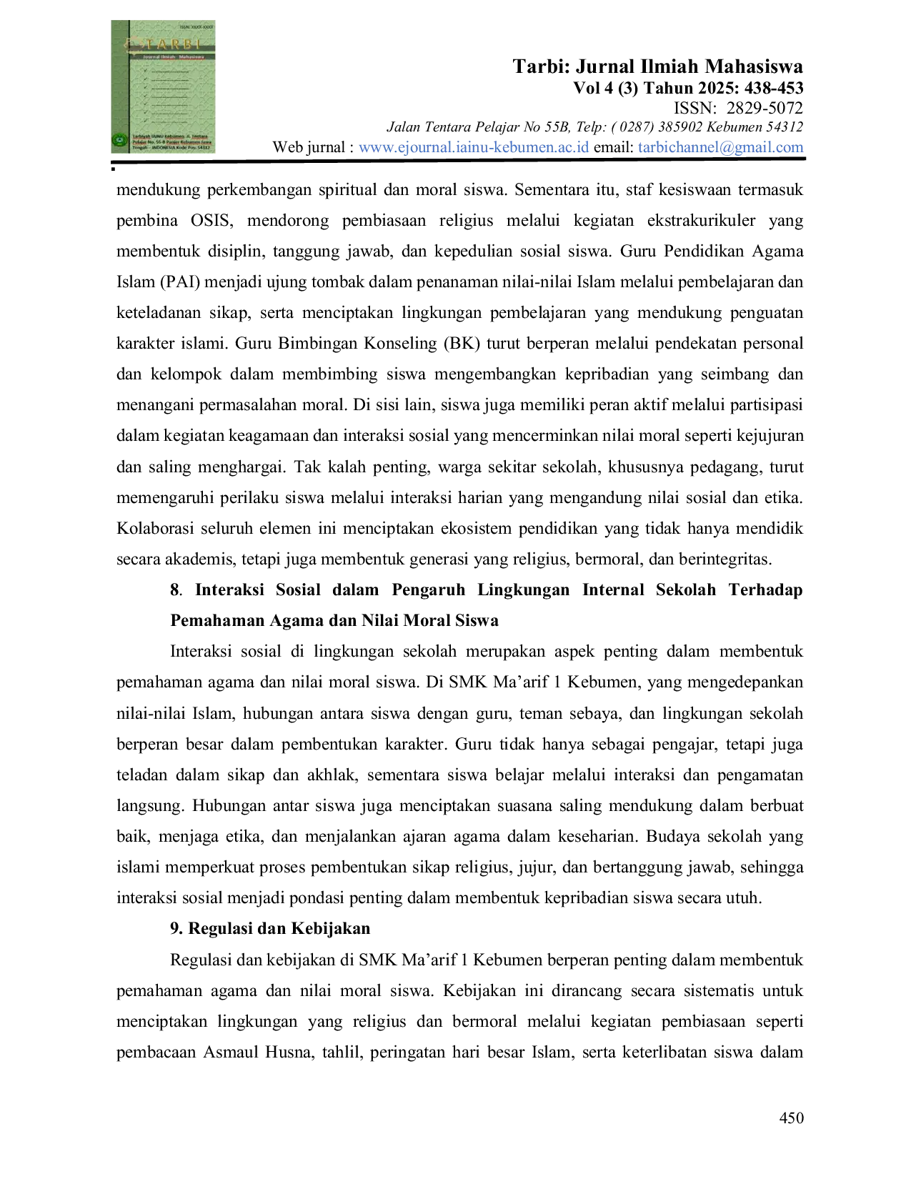 JURIS Pengaruh Lingkungan Internal Sekolah Terhadap Pemahaman Agama dan Nilai Moral Siswa di SMK Ma arif 1 Kebumen