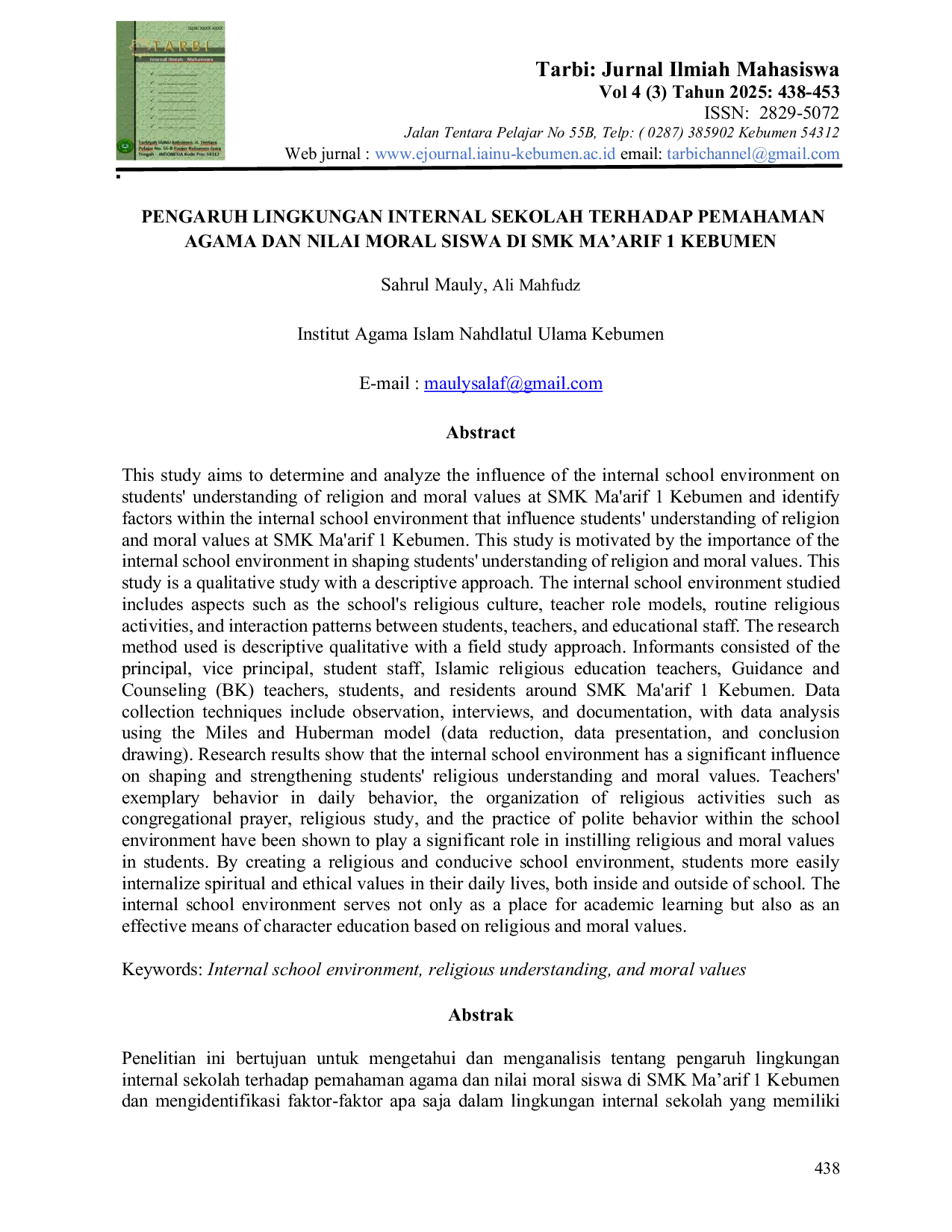 JURIS Pengaruh Lingkungan Internal Sekolah Terhadap Pemahaman Agama dan Nilai Moral Siswa di SMK Ma arif 1 Kebumen