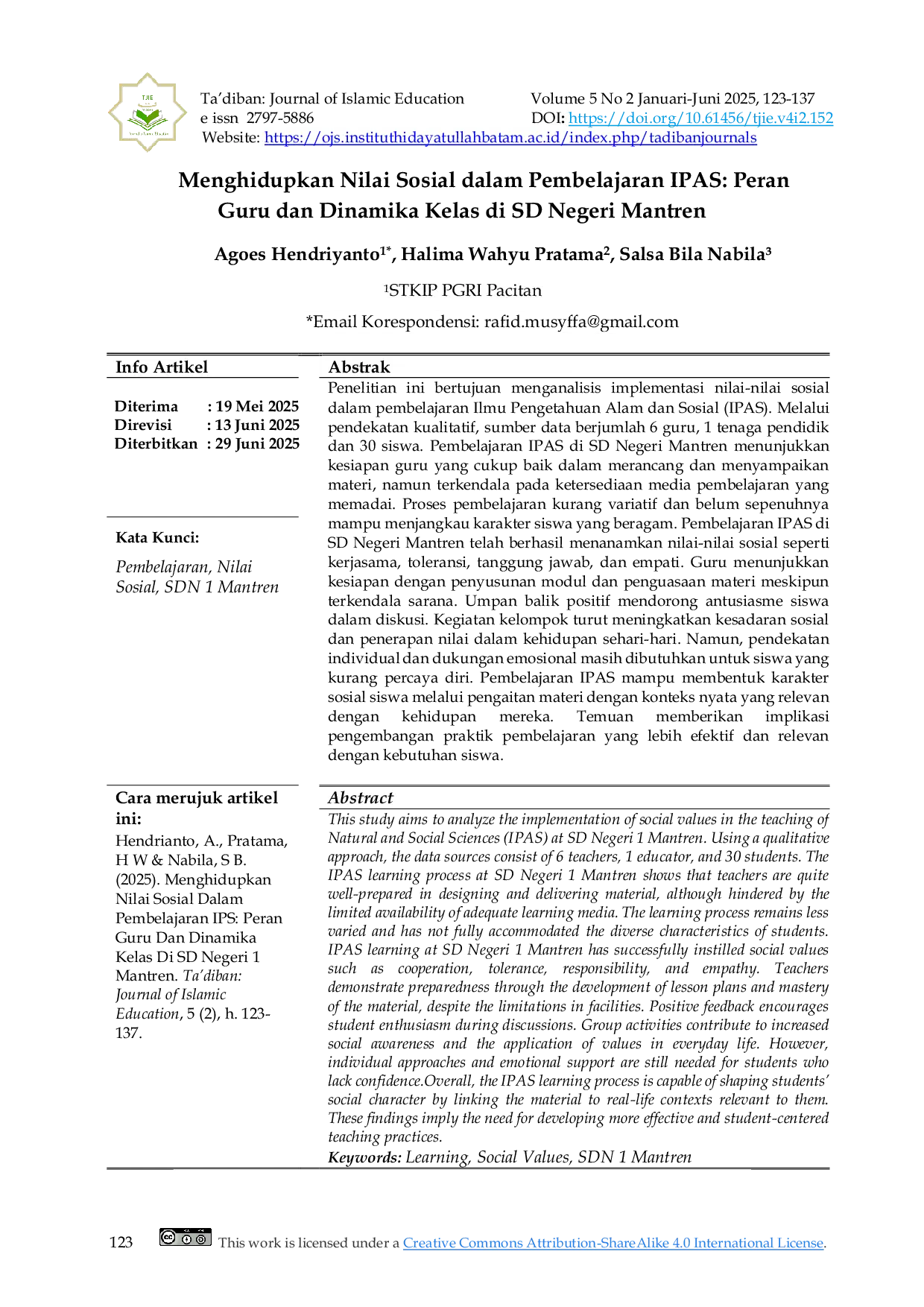 JURIS Menghidupkan Nilai Sosial dalam Pembelajaran IPAS Peran Guru dan Dinamika Kelas di SD Negeri Mantren