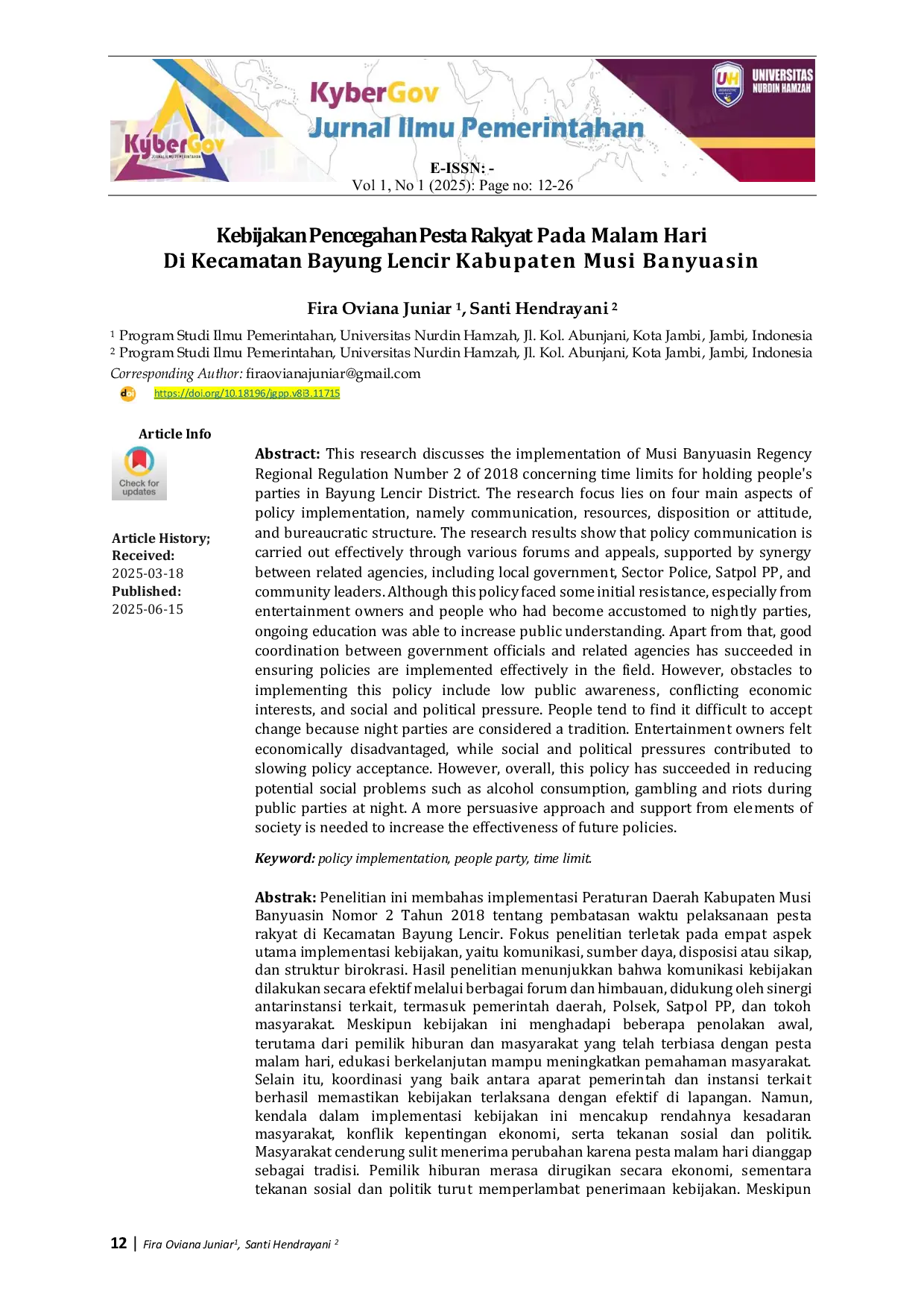 JURIS Kebijakan Pencegahan Pesta Rakyat Pada Malam Hari Di Kecamatan Bayung Lincir Kabupaten Musi