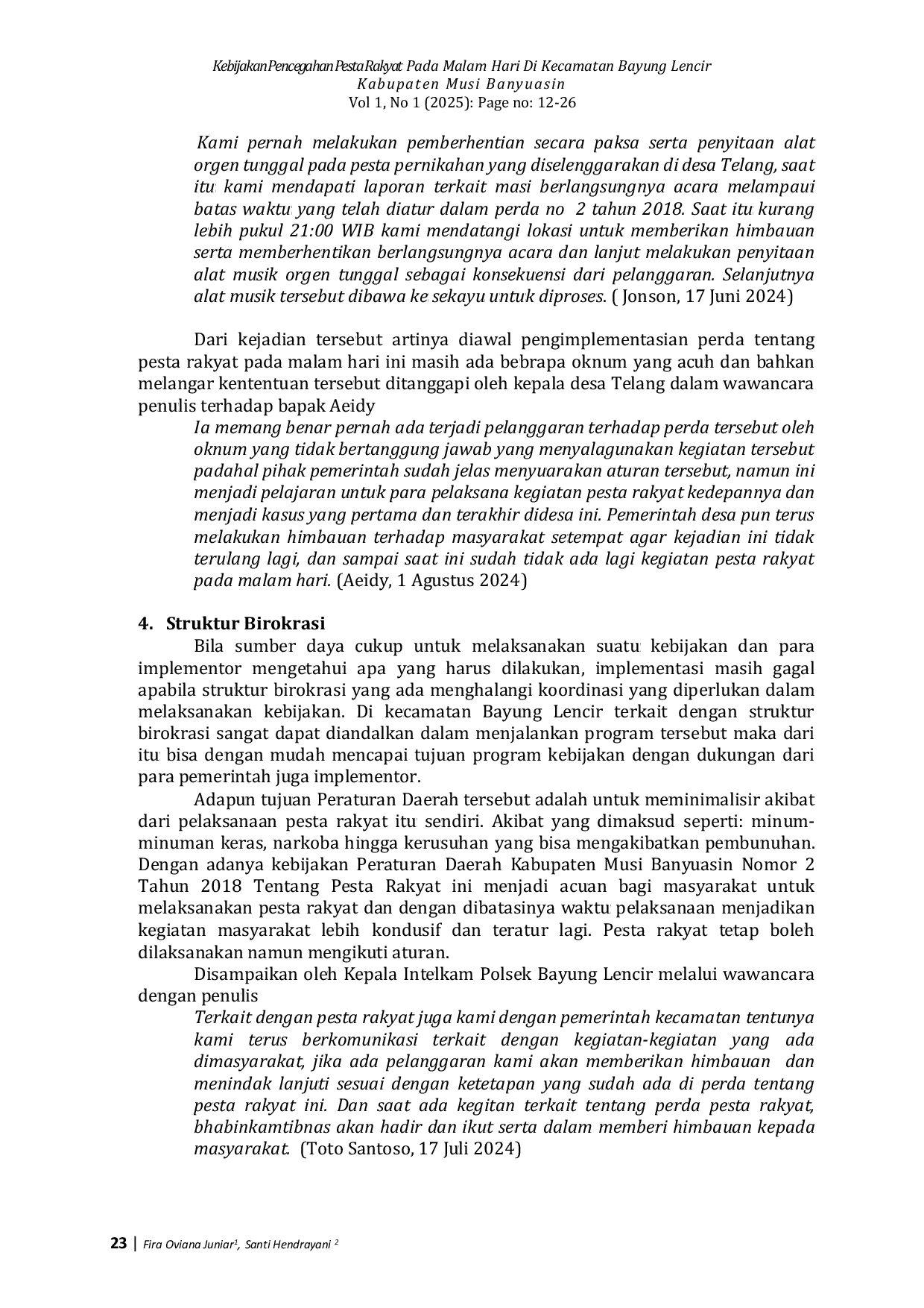 JURIS Kebijakan Pencegahan Pesta Rakyat Pada Malam Hari Di Kecamatan Bayung Lincir Kabupaten Musi