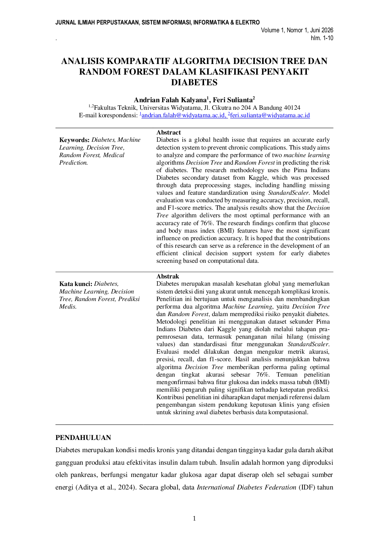 JURIS Analisis Komparatif Algoritma Decision Tree dan Random Forest Dalam Klasifikasi Penyakit Diabetes