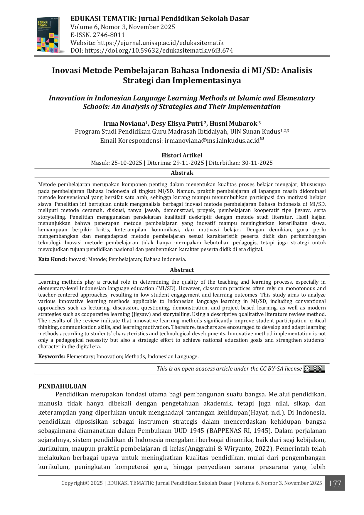 JURIS Inovasi Metode Pembelajaran Bahasa Indonesia di MI SD Analisis Strategi dan Implementasinya