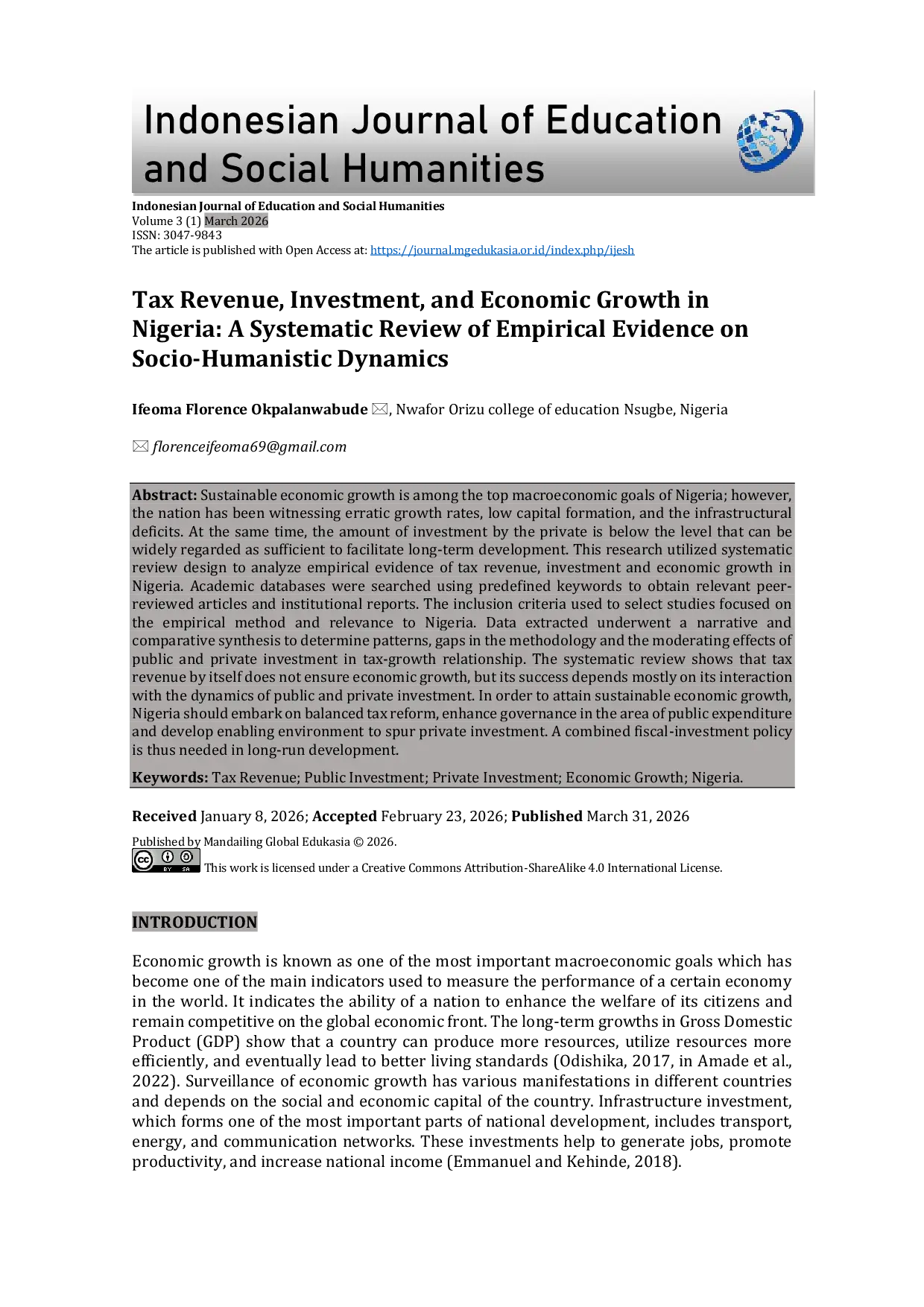 JURIS Tax Revenue Investment and Economic Growth in Nigeria A Systematic Review of Empirical Evidence on Socio Humanistic Dynamics