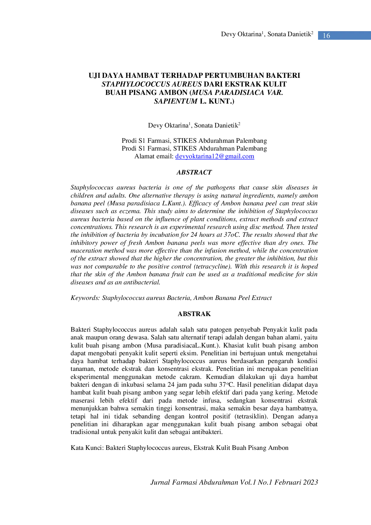 JURIS Uji Daya Hambat Terhadap Pertumbuhan Bakteri Staphylococcus Aureus Dari Ekstrak Kulit Buah Pisang Ambon