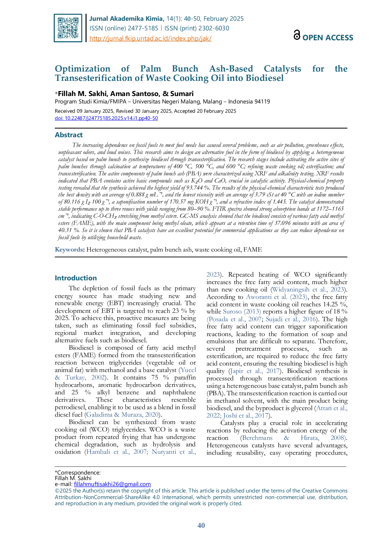 JURIS Optimization of Palm Bunch Ash Based Catalysts for Transesterification of Waste Cooking Oil into Biodiesel