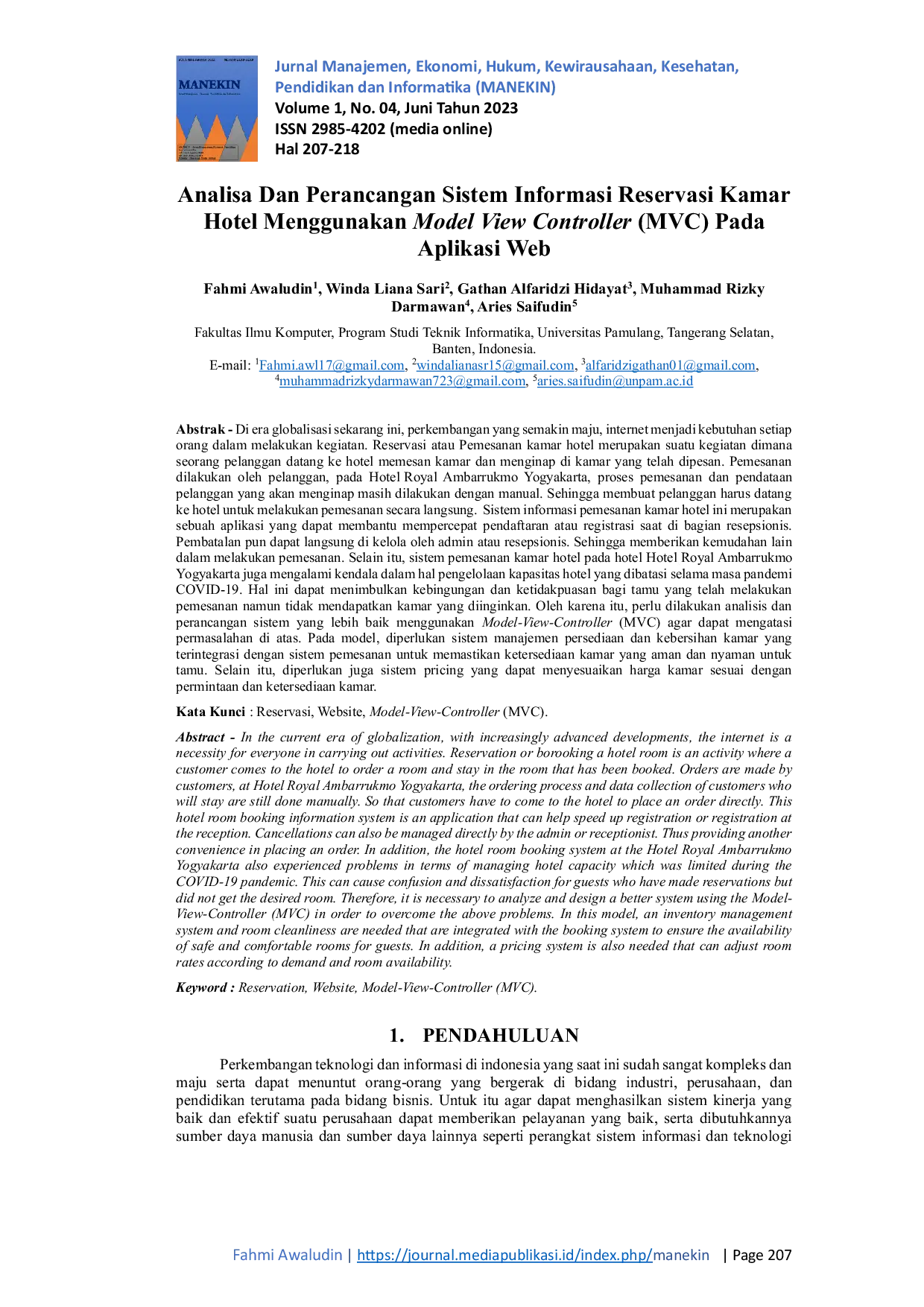 JURIS Analisa Dan Perancangan Sistem Informasi Reservasi Kamar Hotel Menggunakan Model View Controller MVC Pada Aplikasi Web
