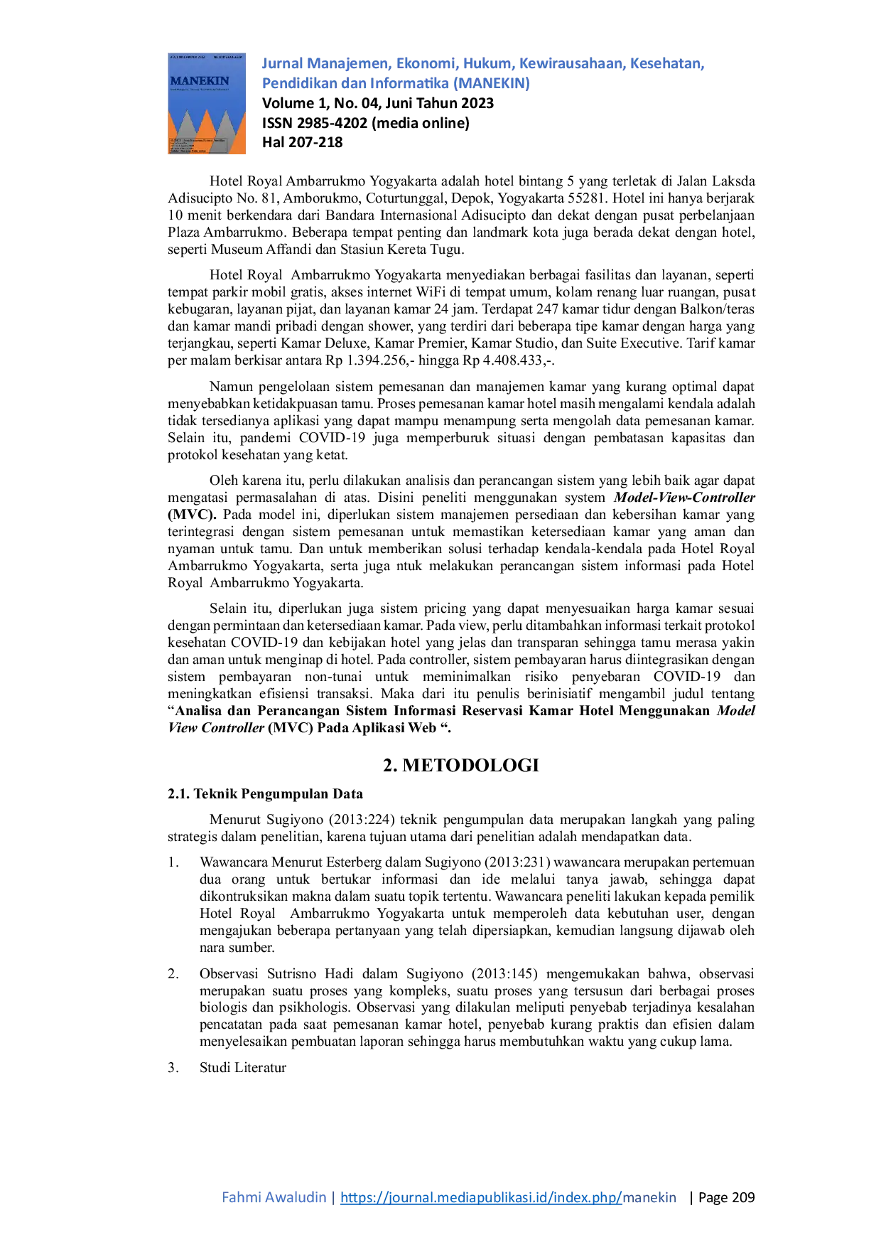 JURIS Analisa Dan Perancangan Sistem Informasi Reservasi Kamar Hotel Menggunakan Model View Controller MVC Pada Aplikasi Web