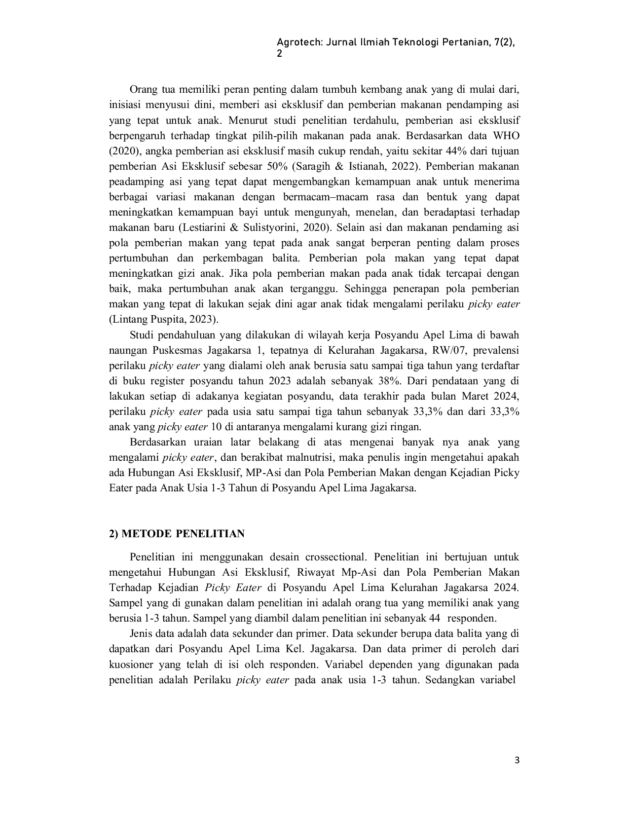 JURIS Hubungan Asi Eksklusif Riwayat Mp Asi dan Pola Pemberian Makan terhadap Kejadian Picky Eater Anak Usia 1 3 Tahun di Posyandu Apel Lima Jagakarsa
