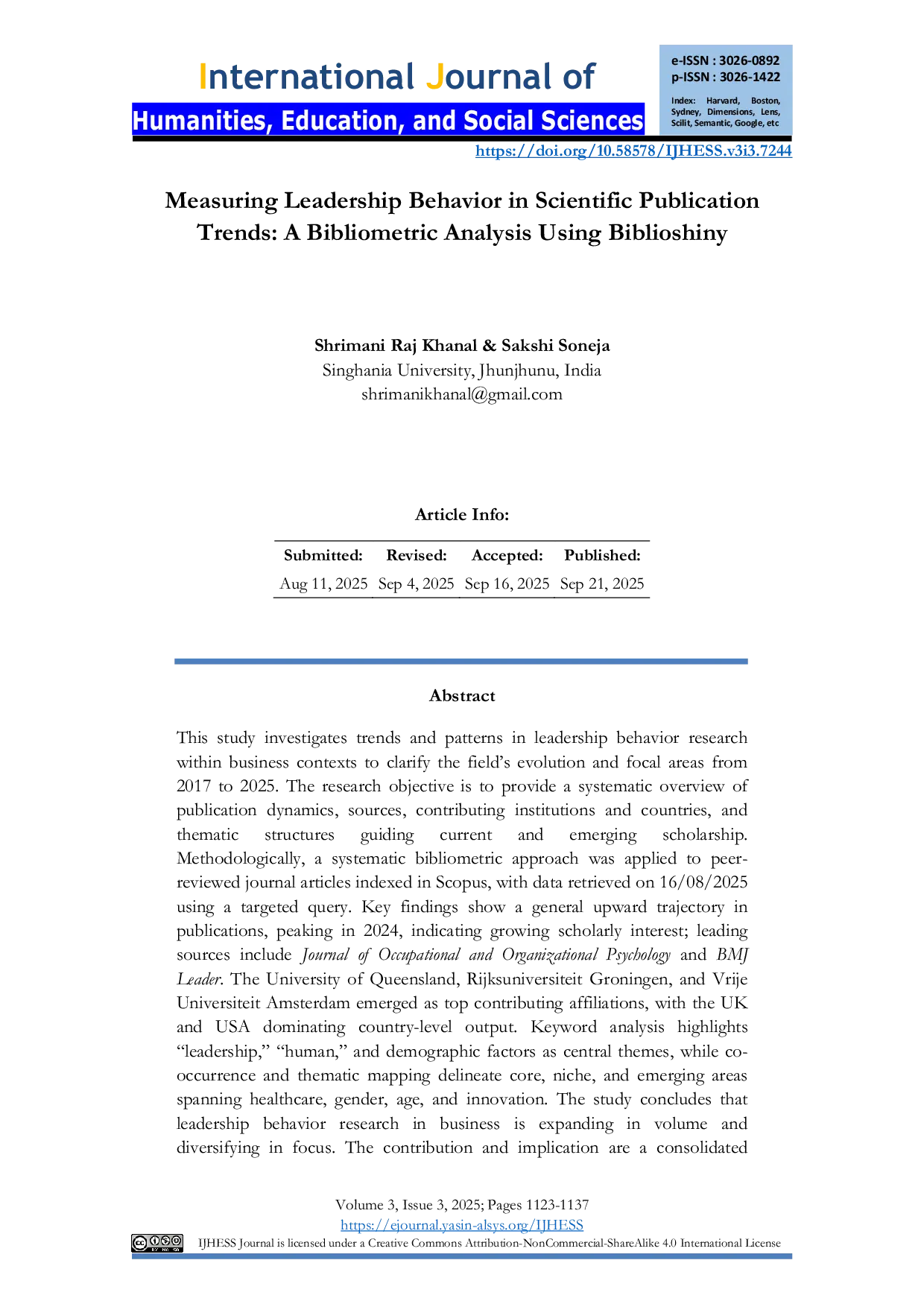JURIS Measuring Leadership Behavior in Scientific Publication Trends A Bibliometric Analysis Using Biblioshiny