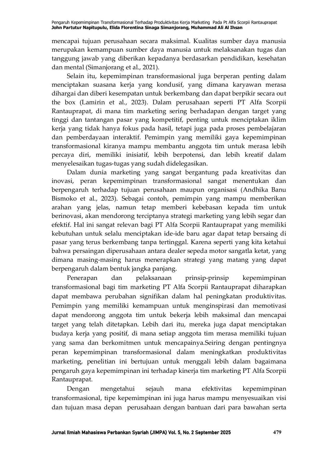 JURIS Pengaruh Kepemimpinan Transformasional Terhadap Produktivitas Kerja Marketing Pada PT Alfa Scorpii Rantauprapat
