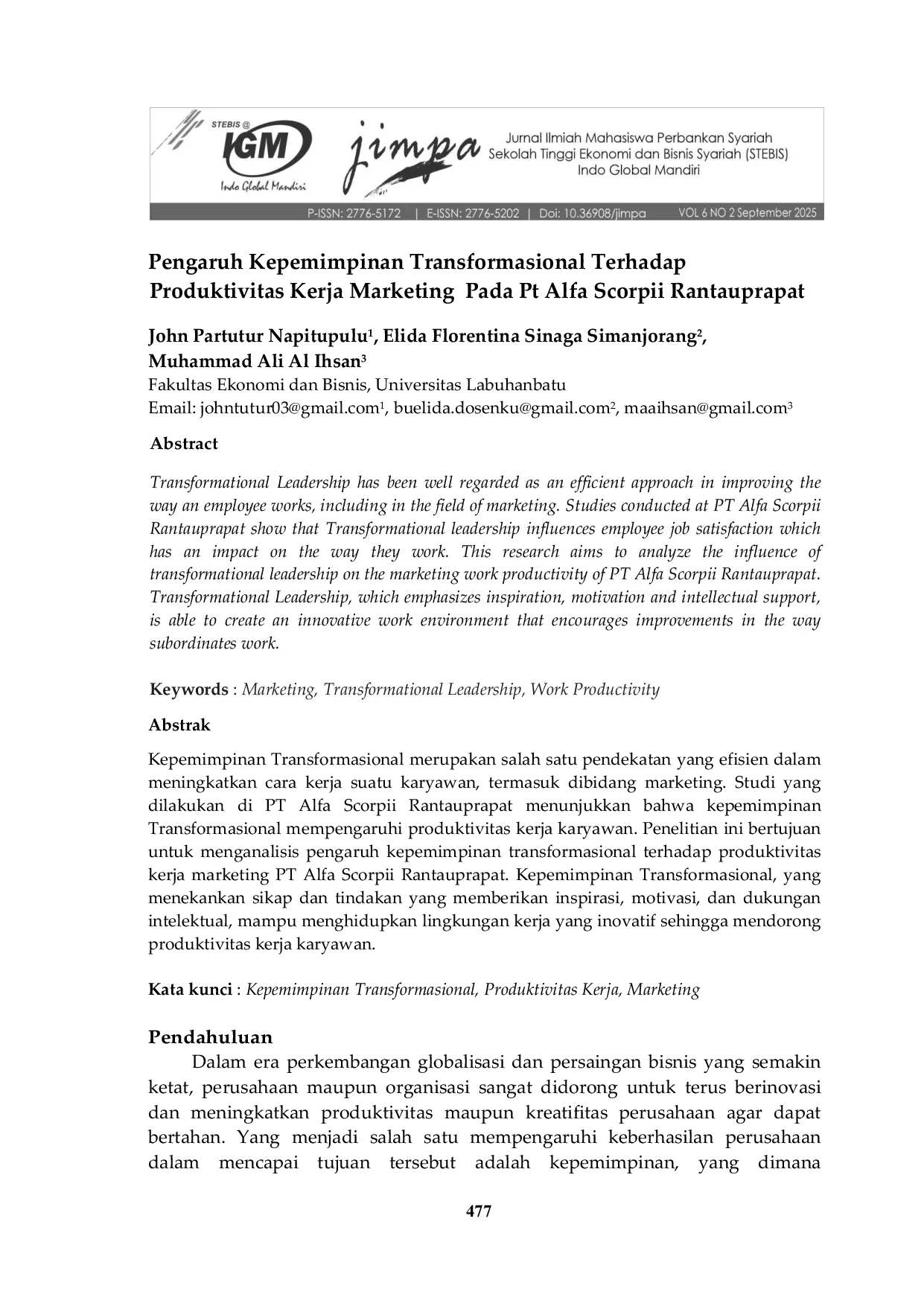 JURIS Pengaruh Kepemimpinan Transformasional Terhadap Produktivitas Kerja Marketing Pada PT Alfa Scorpii Rantauprapat