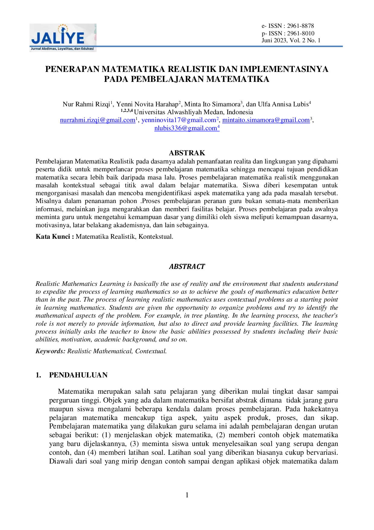 JURIS Penerapan Matematika Realistik Dan Implementasinya Pada Pembelajaran Matematika