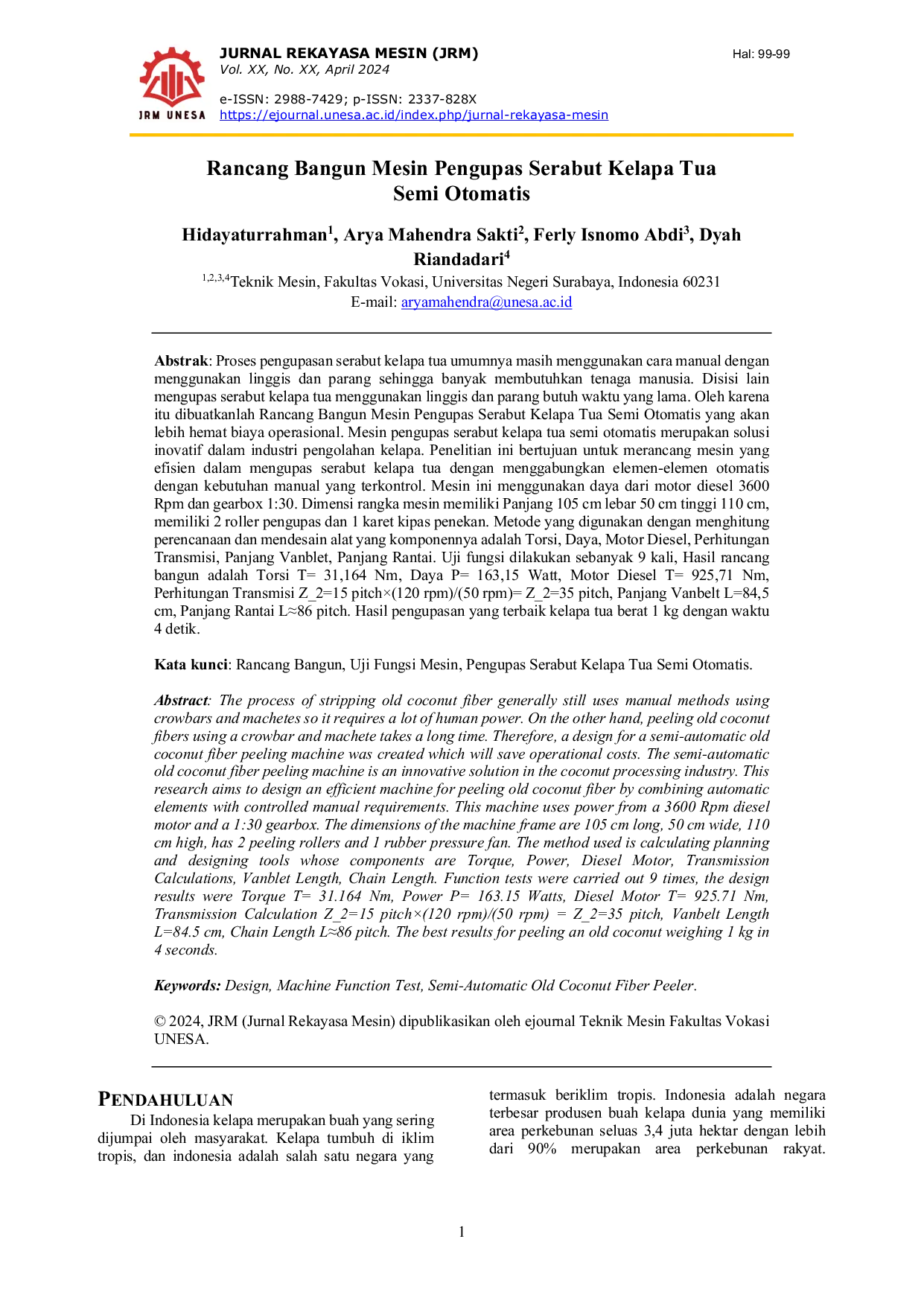 JURIS Rancang Bangun Mesin Semi Otomatis pada Alat Pengupas Serabut Kelapa Tua