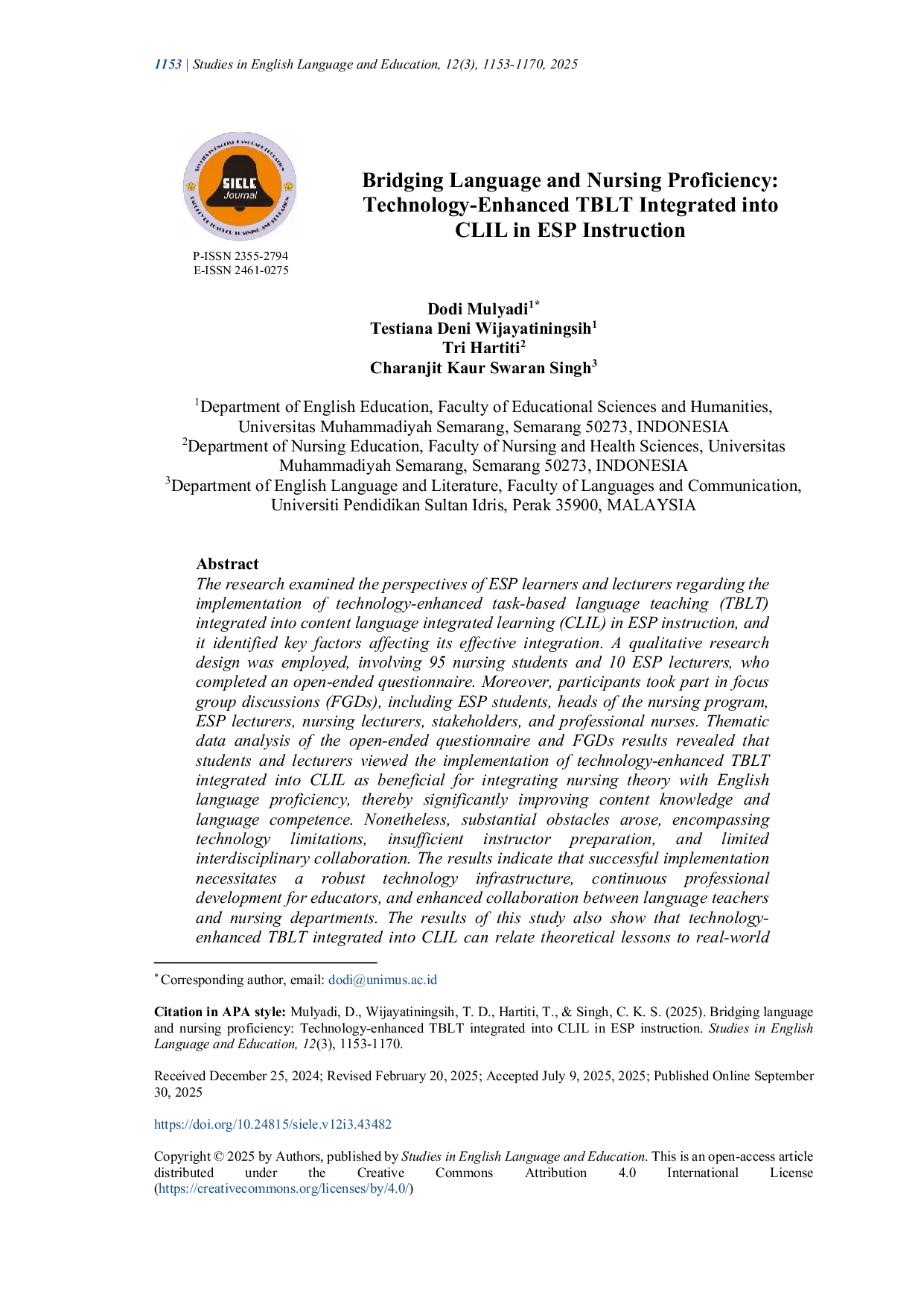 JURIS Bridging language and nursing proficiency Technology enhanced TBLT integrated into CLIL in ESP instruction