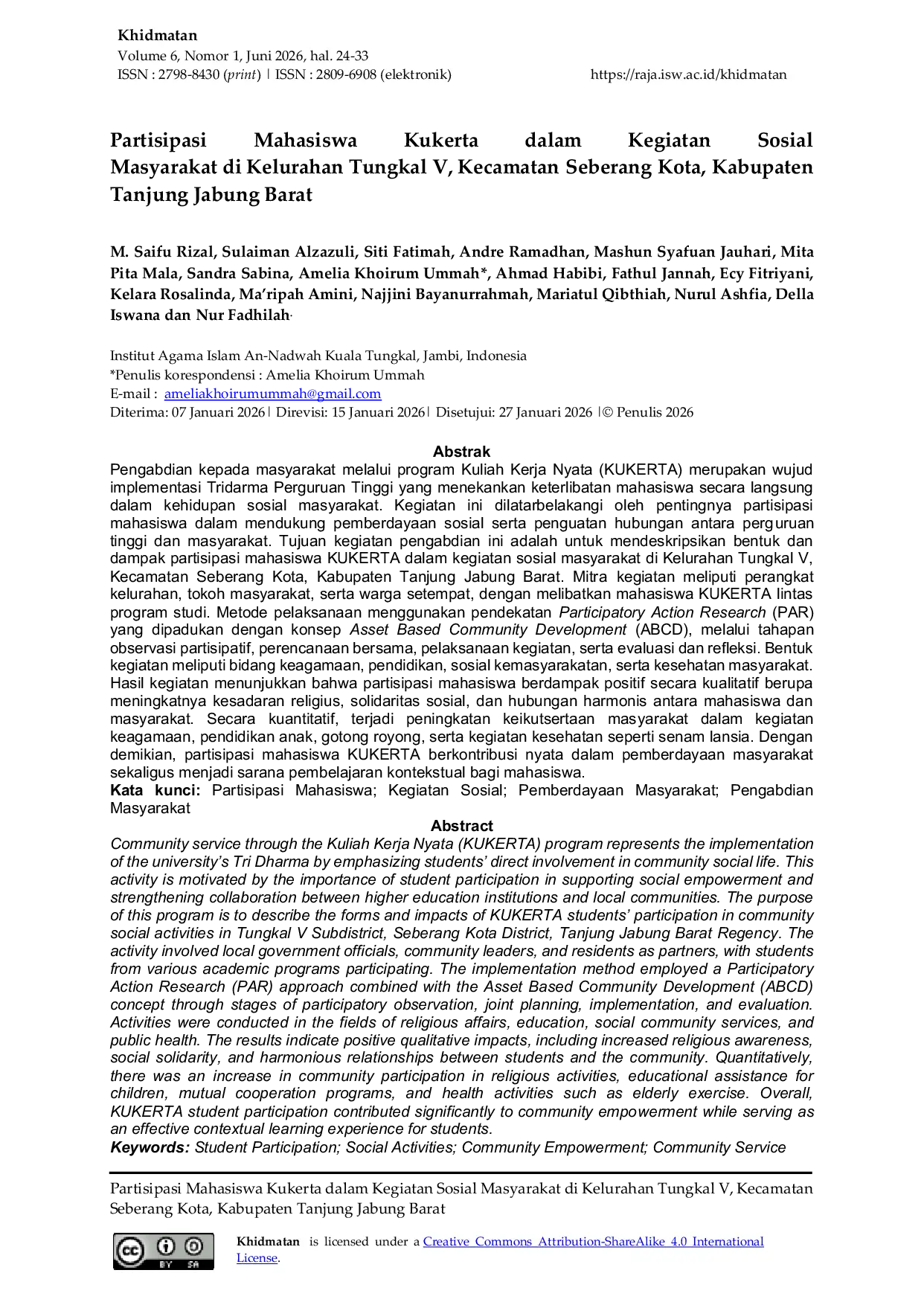 JURIS Partisipasi Mahasiswa Kukerta dalam Kegiatan Sosial Masyarakat di Kelurahan Tungkal V Kecamatan Seberang Kota Kabupaten Tanjung Jabung Barat