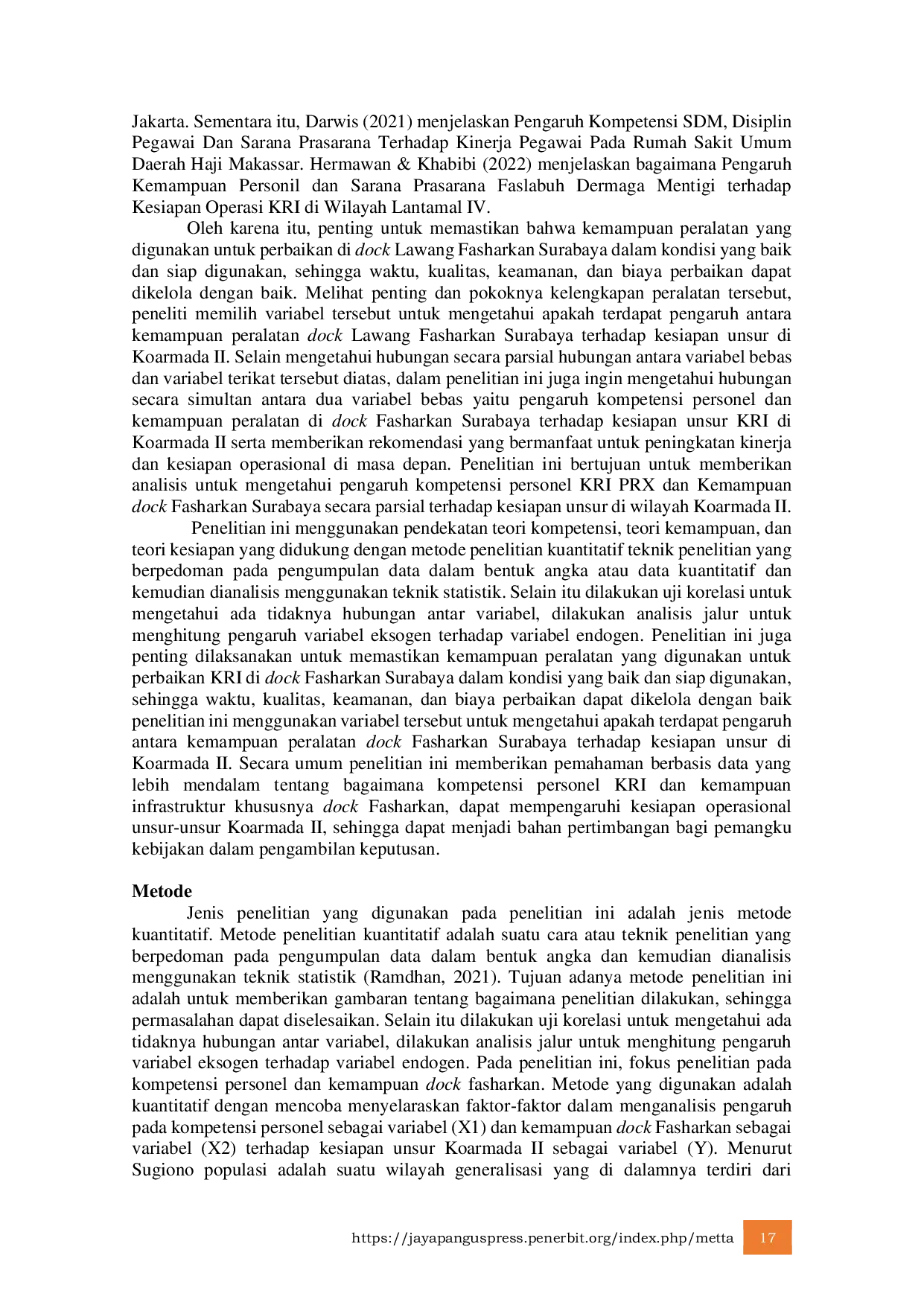 JURIS Pengaruh Kompetensi Personel dan Kemampuan Dock Fasharkan Terhadap Kesiapan Unsur KRI PRX
