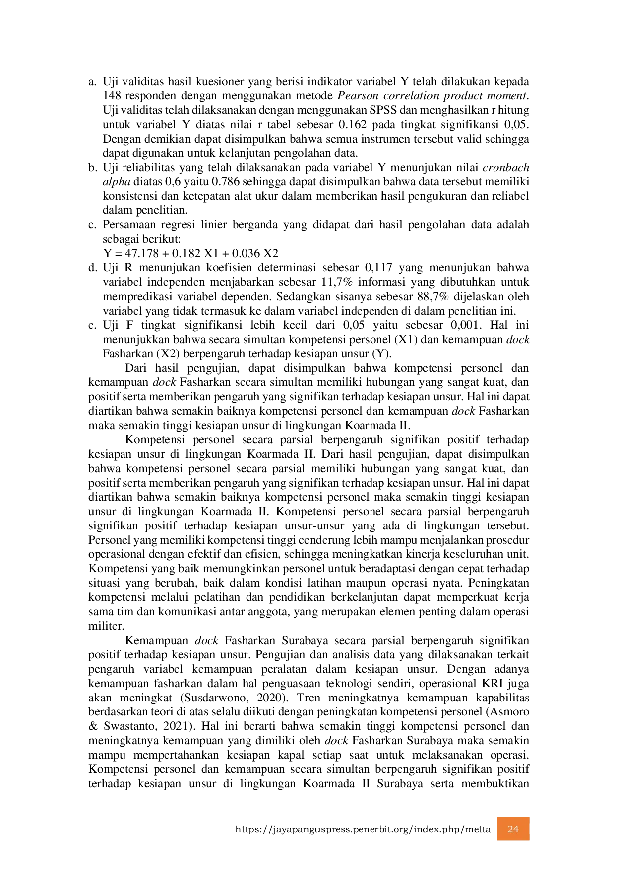 JURIS Pengaruh Kompetensi Personel dan Kemampuan Dock Fasharkan Terhadap Kesiapan Unsur KRI PRX