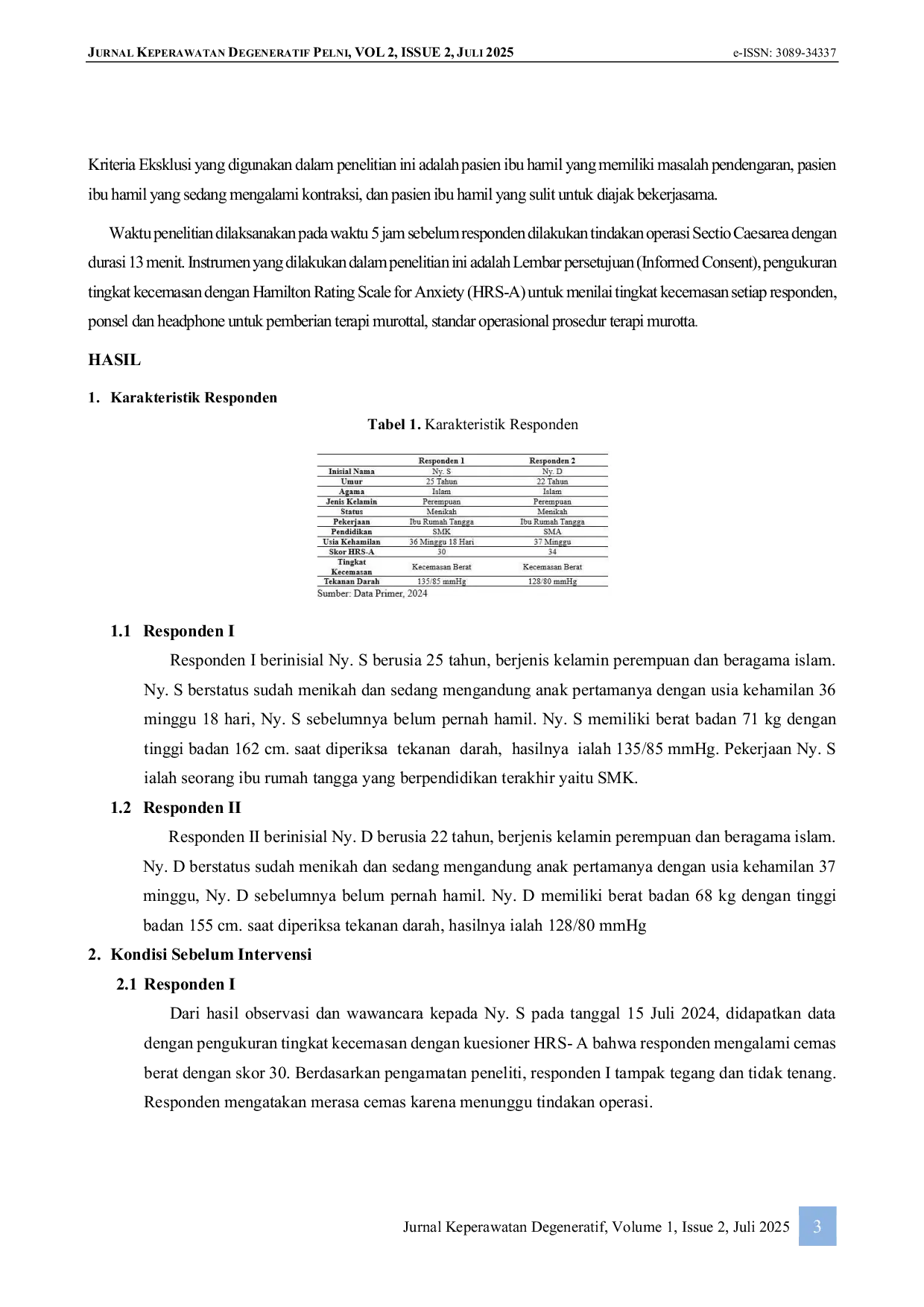 JURIS Penerapan Terapi Murottal Terhadap Penurunan Tingkat Kecemasan Pada Pasien Pre Operasi Sectio Caesarea Di Rumah Sakit Pelni Jakarta