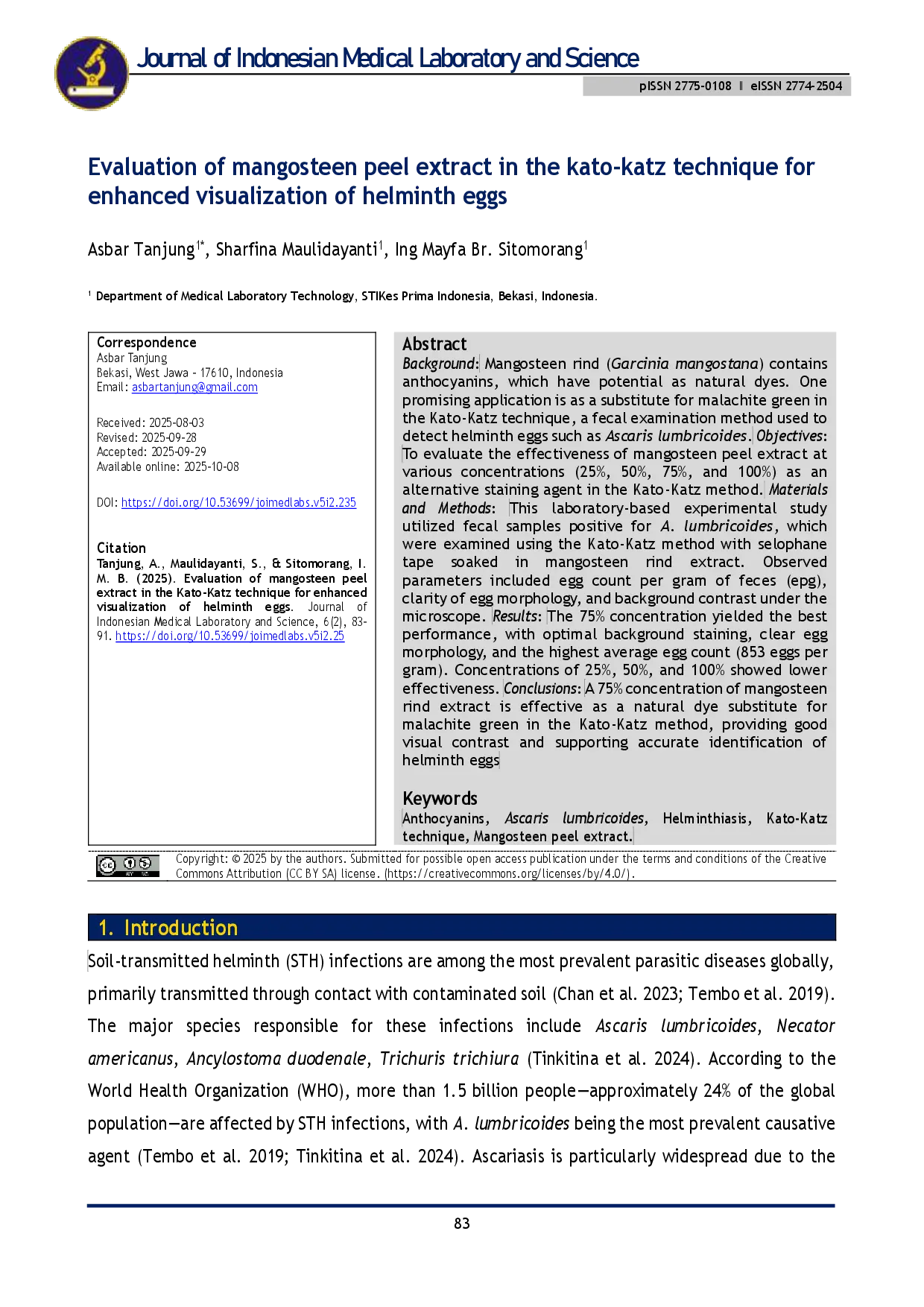 juris Evaluation of mangosteen peel extract in the kato katz technique for enhanced visualization of helminth eggs