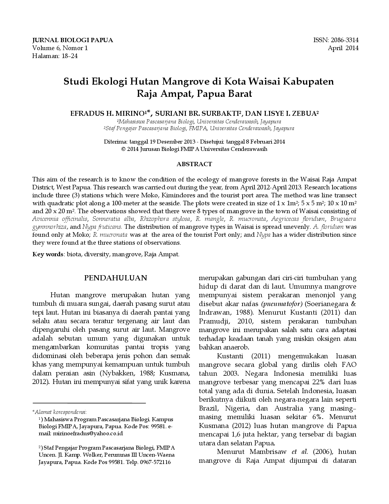 juris Studi Ekologi Hutan Mangrove di Kota Waisai Kabupaten Raja Ampat Papua Barat