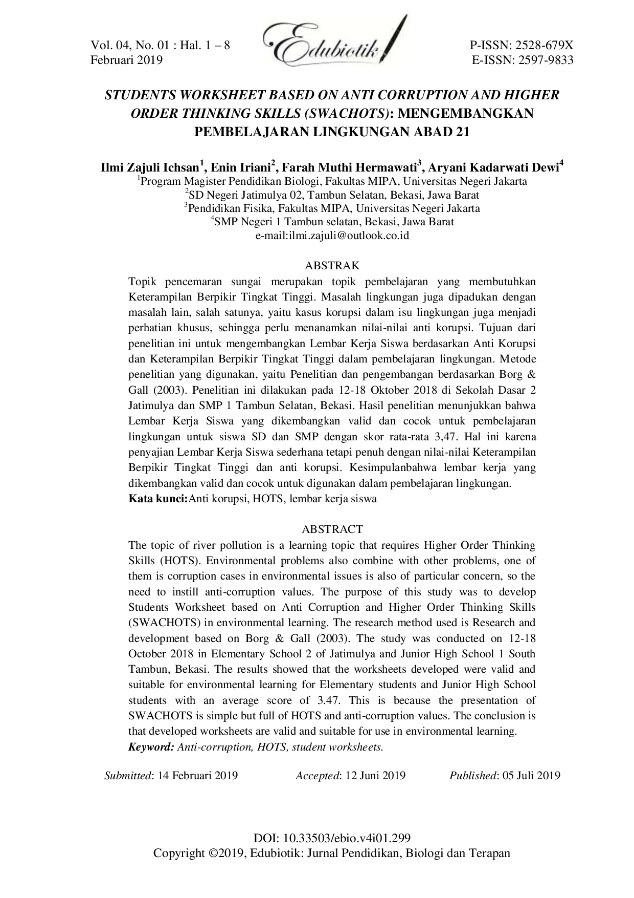 JURIS Students Worksheet based on Anti Corruption and Higher Order Thinking Skills Swachots Mengembangkan Pembelajaran Lingkungan Abad 21