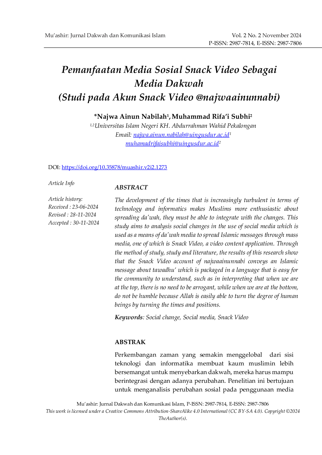 JURIS Pemanfaatan Media Sosial Snack Video Sebagai Media Dakwah Studi pada Akun Snack Video najwaainunnabi