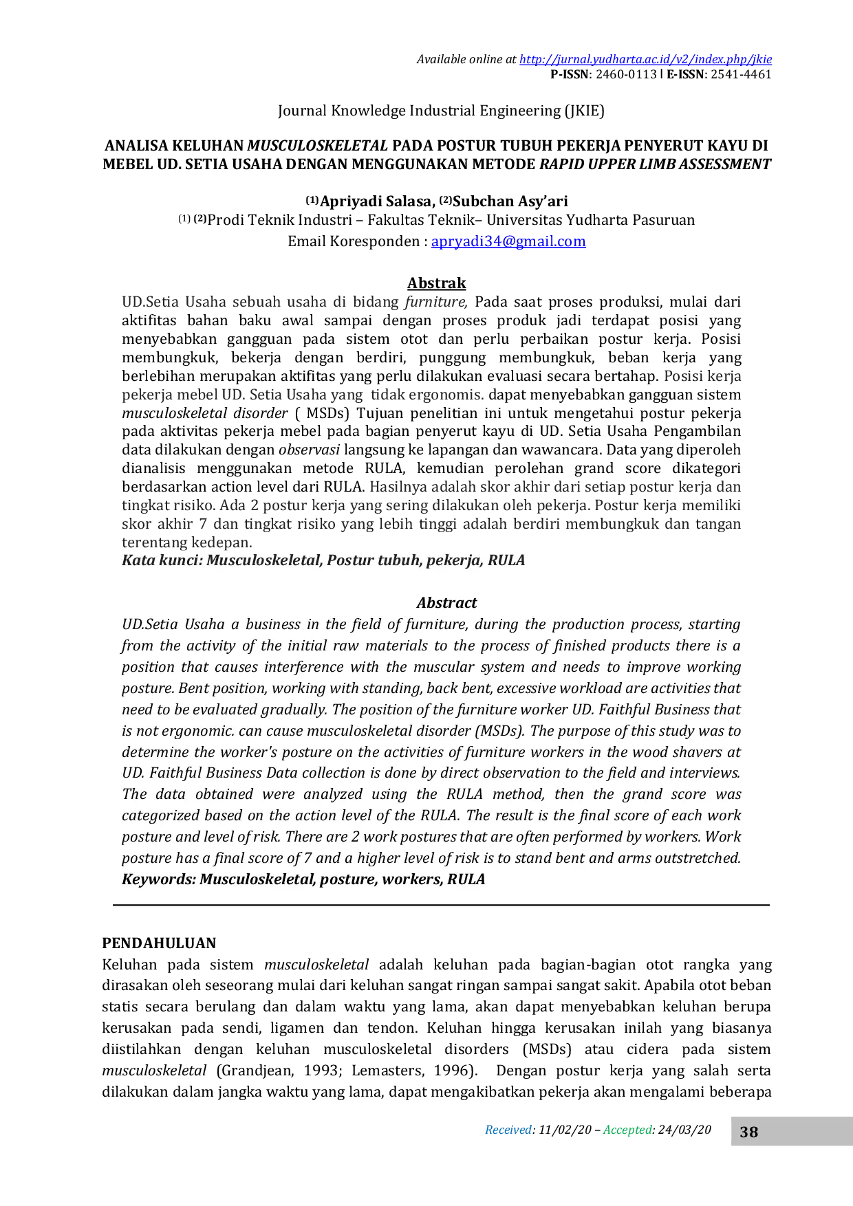 JURIS Analisa Keluhan Musculoskeletal Pada Postur Tubuh Pekerja Penyerut Kayu Di Mebel Ud Setia Usaha Dengan Menggunakan Metode Rapid Upper Limb Assessment