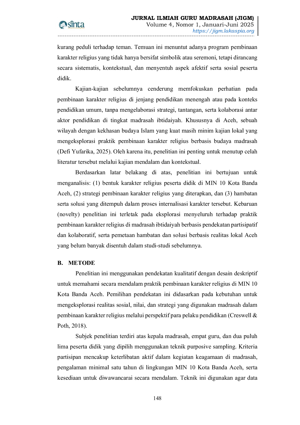 JURIS Pembinaan Karakter Religius pada Peserta Didik di MIN 10 Kota Banda Aceh