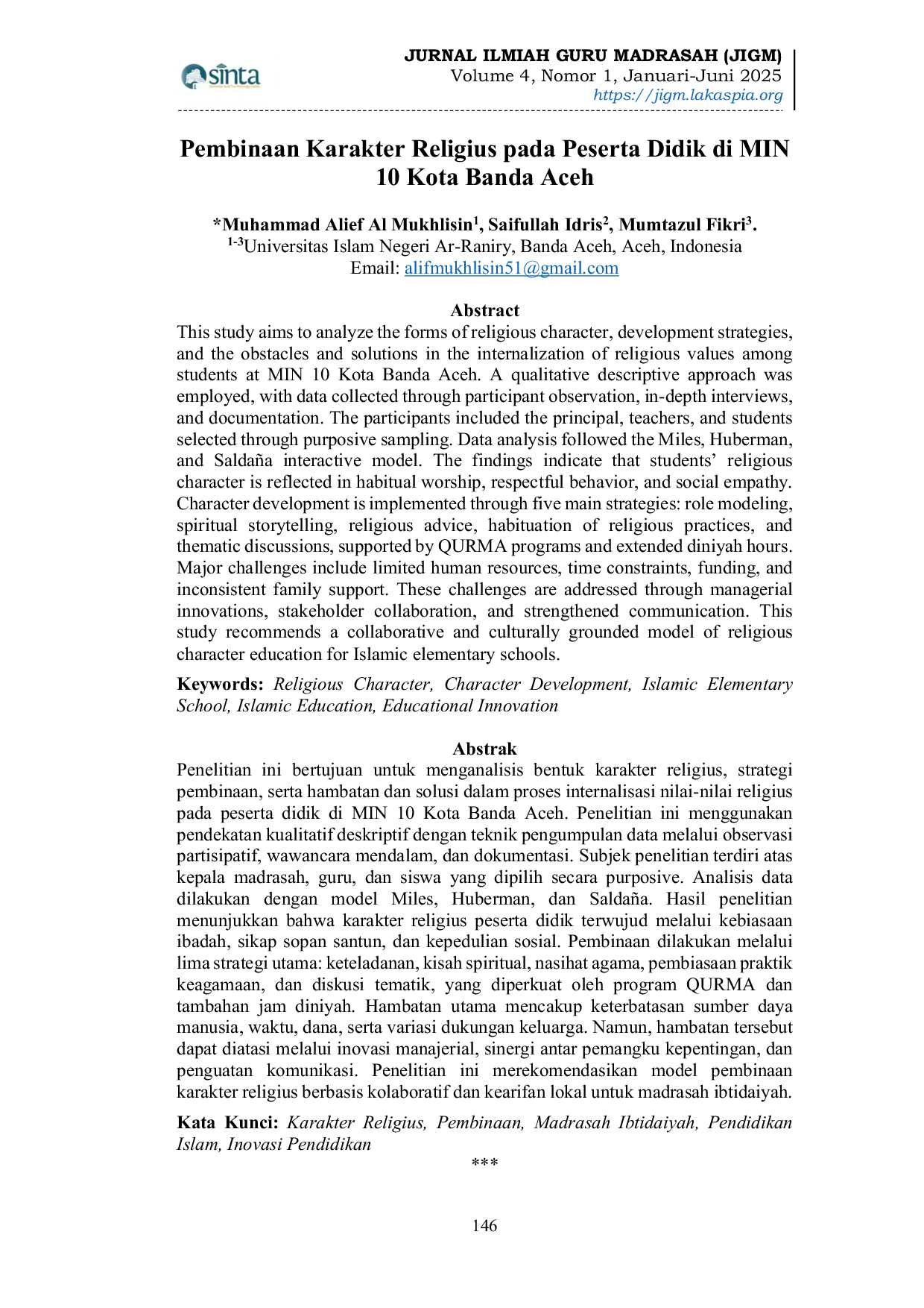 JURIS Pembinaan Karakter Religius pada Peserta Didik di MIN 10 Kota Banda Aceh