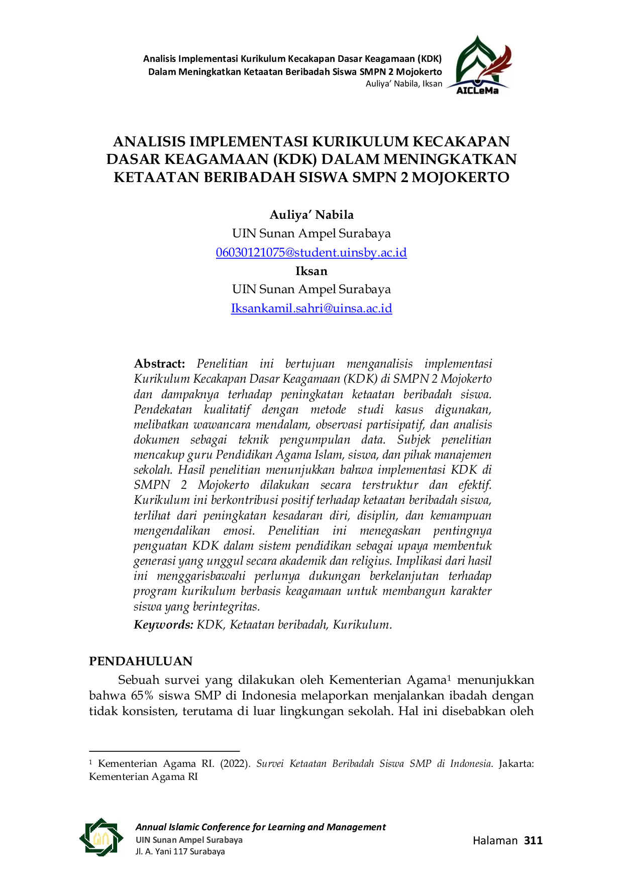 JURIS Analisis Implementasi Kurikulum Kecakapan Dasar Keagamaan KDK Dalam Meningkatkan Ketaatan Beribadah Siswa SMPN 2 Mojokerto