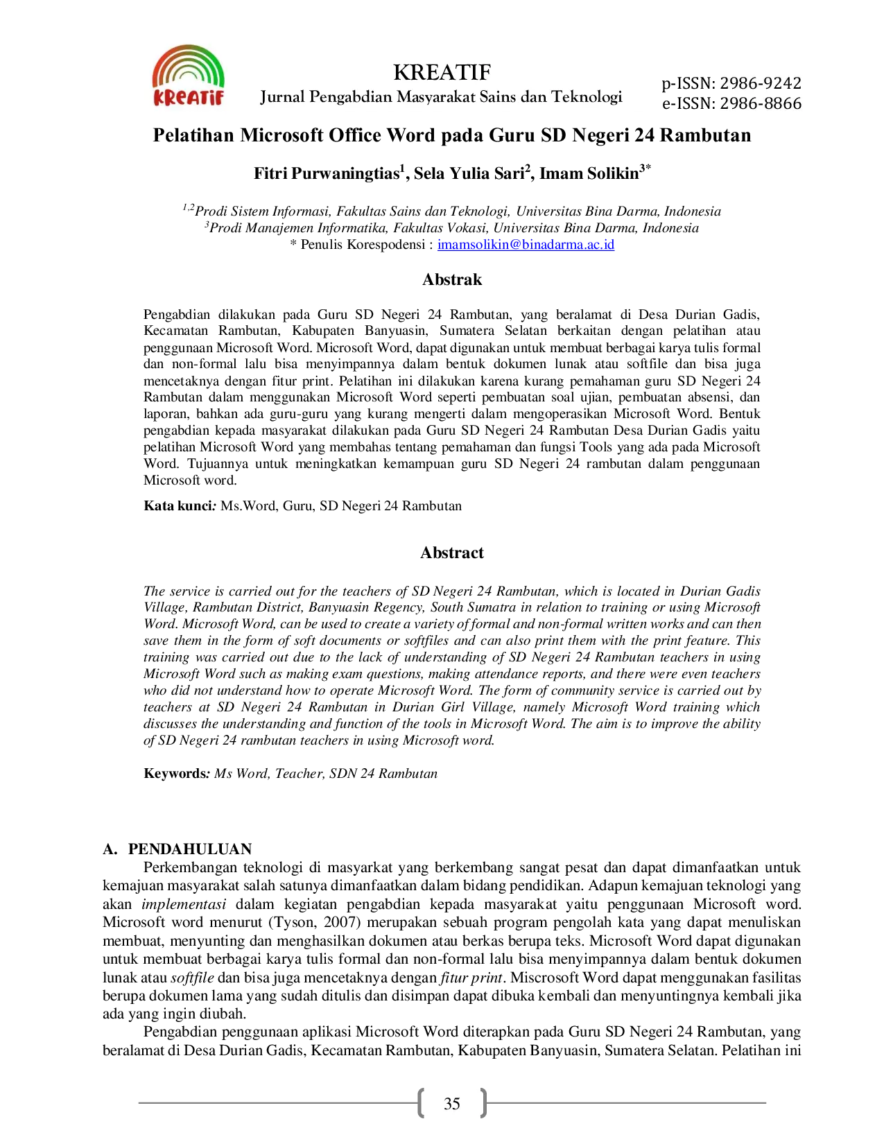 JURIS Pelatihan Microsoft Office Word pada Guru SD Negeri 24 Rambutan
