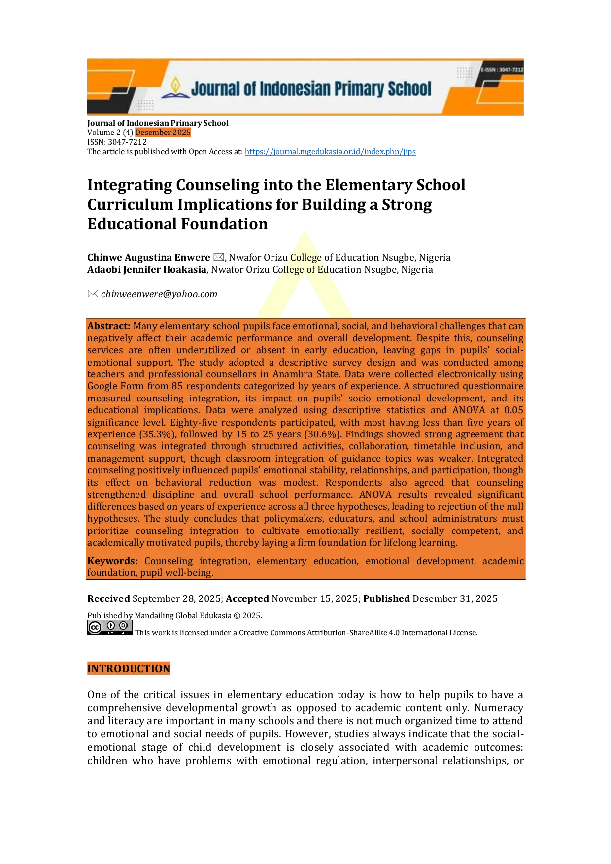 JURIS Integrating Counseling into the Elementary School Curriculum Implications for Building a Strong Educational Foundation