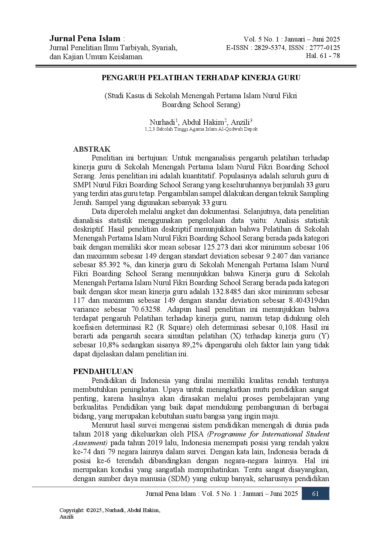 juris PENGARUH PELATIHAN TERHADAP KINERJA GURU Studi Kasus di Sekolah Menengah Pertama Islam Nurul Fikri Boarding School Serang