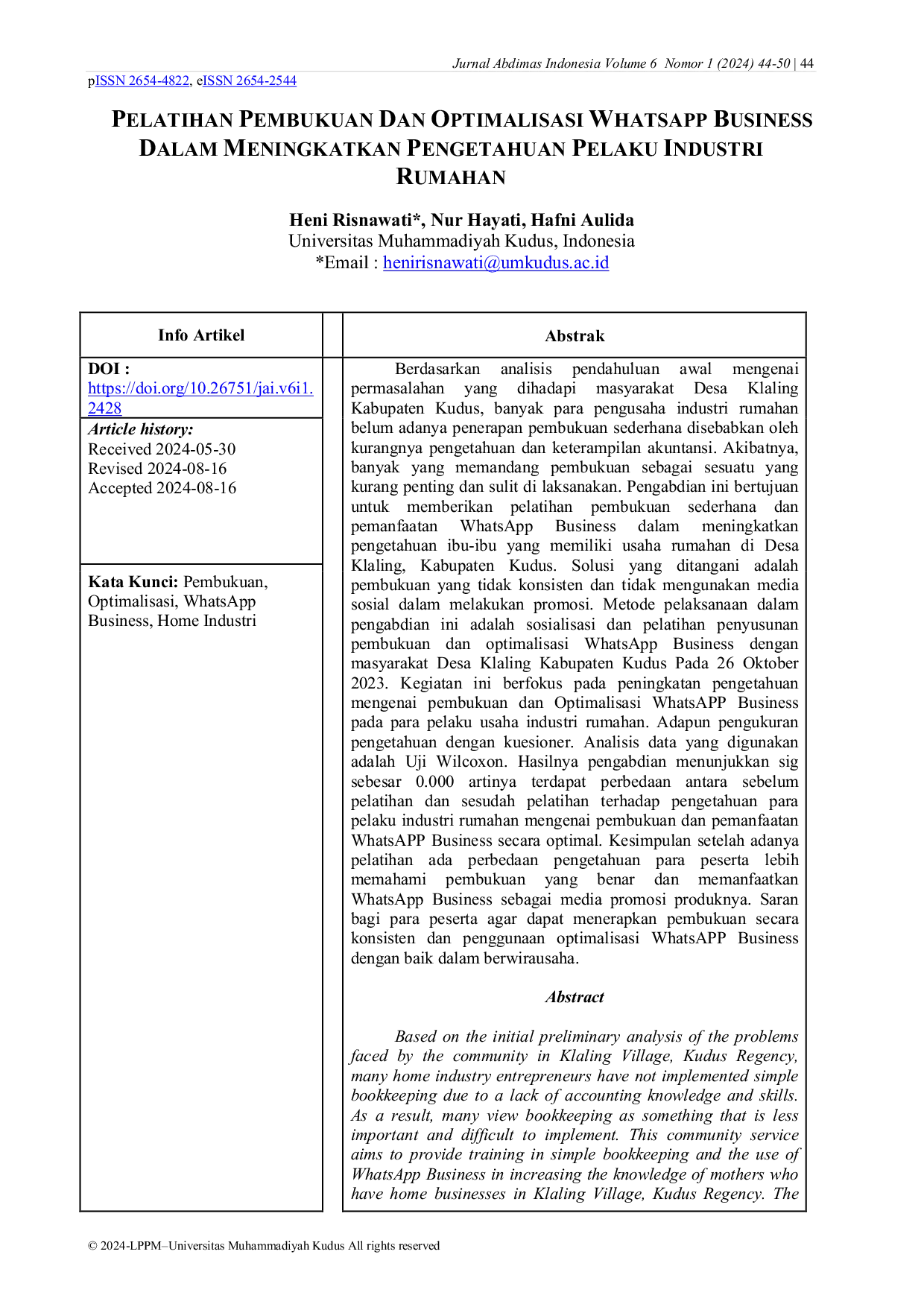 JURIS Pelatihan Pembukuan dan Optimalisasi WhatsApp Business dalam Meningkatkan Pengetahuan Pelaku Industri Rumahan