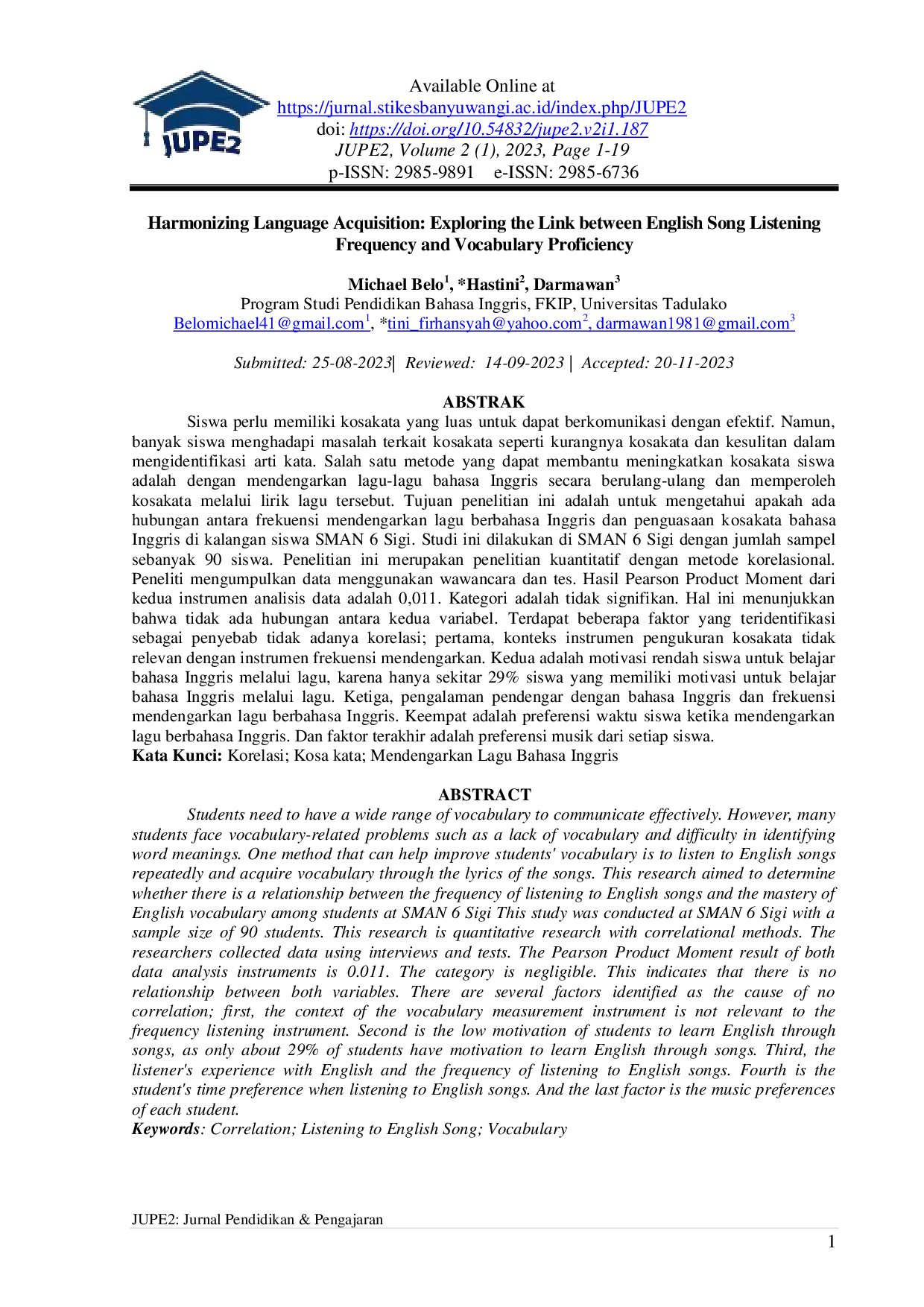 JURIS Harmonizing Language Acquisition Exploring the Link between English Song Listening Frequency and Vocabulary Proficiency